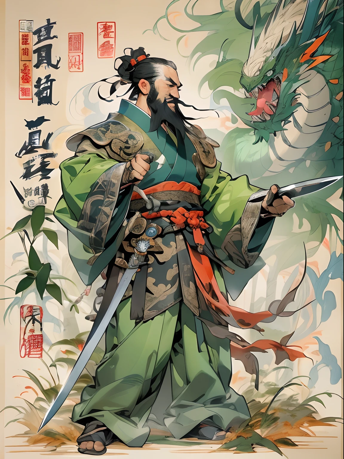 (((China-style，Ink painting method，Half-length portrait，Intense color，Han dynasty, China，Hanfu，Armor，Guan yu，Guan Yunchang，of a guy，Ruddy killing square face，Hold the Blue Dragon Moon Knife in his right hand，Stroke your beard with your left hand，Long hair，petty eyes，Green robe))), (((best qualityer))), (((tmasterpiece))), (((AS-Adult))), ((( Japanese ))), Look up from your knees, Handsome Asian samurai，perfect body figure, Modern samurai, ((( Asian))), Wear gloves on your hands，The left arm is made of steel and metal tips，Made of protective devices, The eyes are pulled, (( Appears below the chest )), (( Small dental floss )), Simon Bisley, Almost naked（Simon Bisley）Castle City Wilderness，For high-resolution posters, hair straight, Minimum clothing, armure (Crazy clothes ), Full of tips and rivets, tribal tattoos, (((full bodyesbian))), Straight brunette hair，Colored hair ends