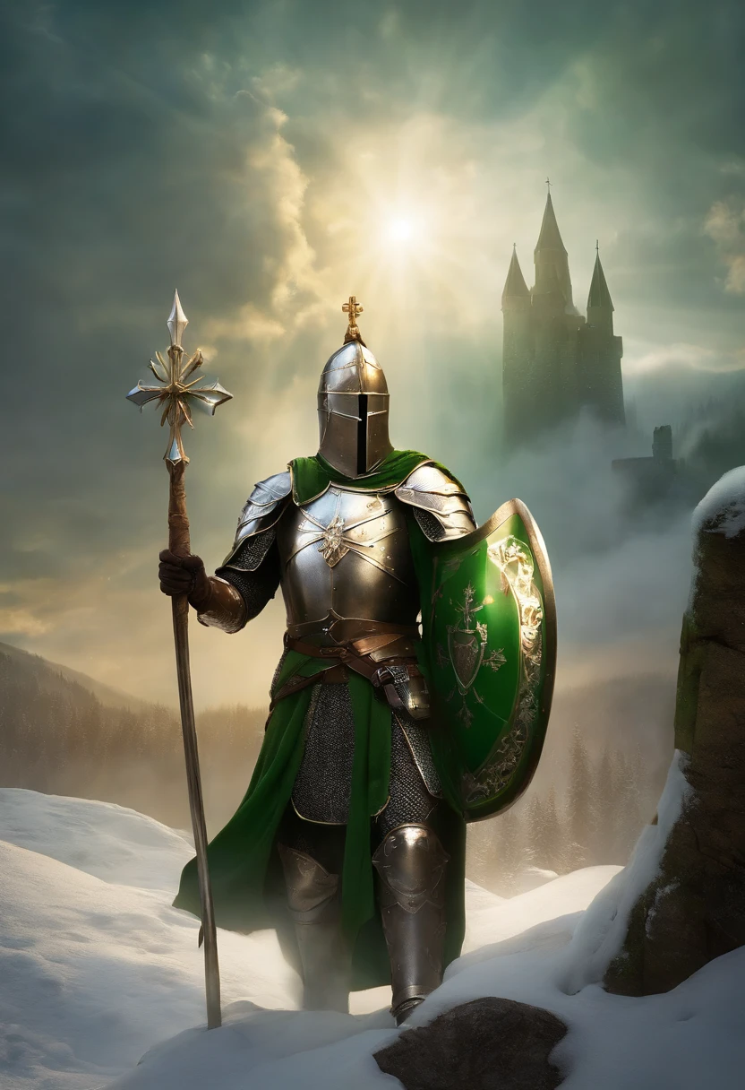 "Royal Knight with a majestic aura, Adorned with shimmering snow-white armor, Holding the legendary short stick in his right hand,Holding the shield of the cross in your left hand, Towering in the midst of medieval battlefields,Wearing a green aura,Banners and rays of light fluttering in the wind illuminate the scene.large cross,Shield to protect allies,"