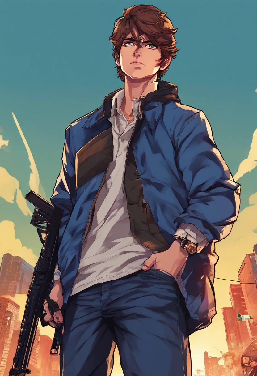 anime, boy, blue eye, brown-hair, dark blue jacket, white shirt, black pants, with rifle.