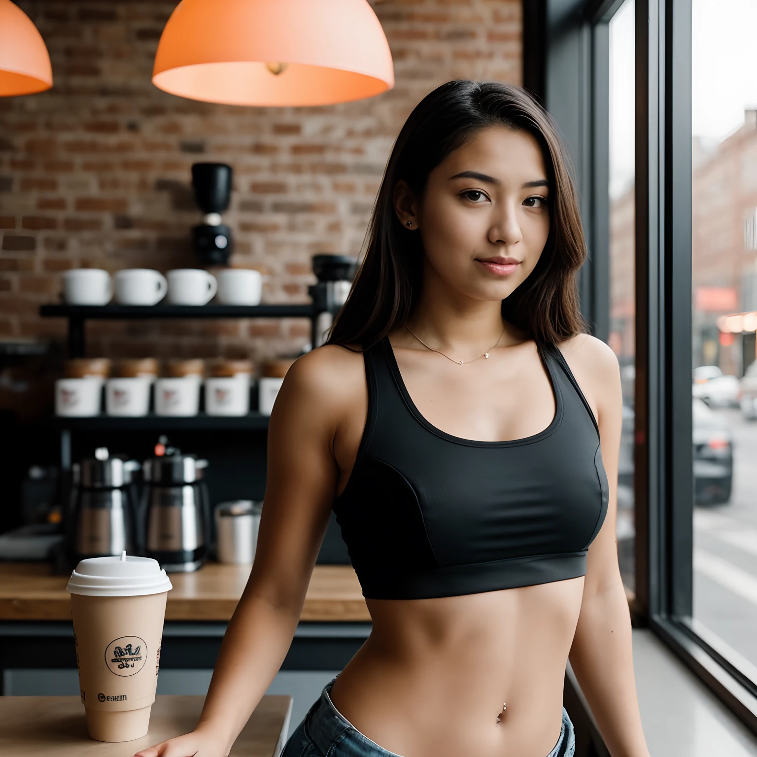RAW Sequence Photo, a photo of 18 year old Teenage Girl in a black crop top at the coffee shop, matte photo, soft and rounded forms, translucent color, babycore, strong use of color, natural lights, HDR, realistic photo, professional photo, flirt with the viewer, sexy look, photorealistic, Beautiful, 8k UHD, high quality, filmic grain, Fujifilm XT3
