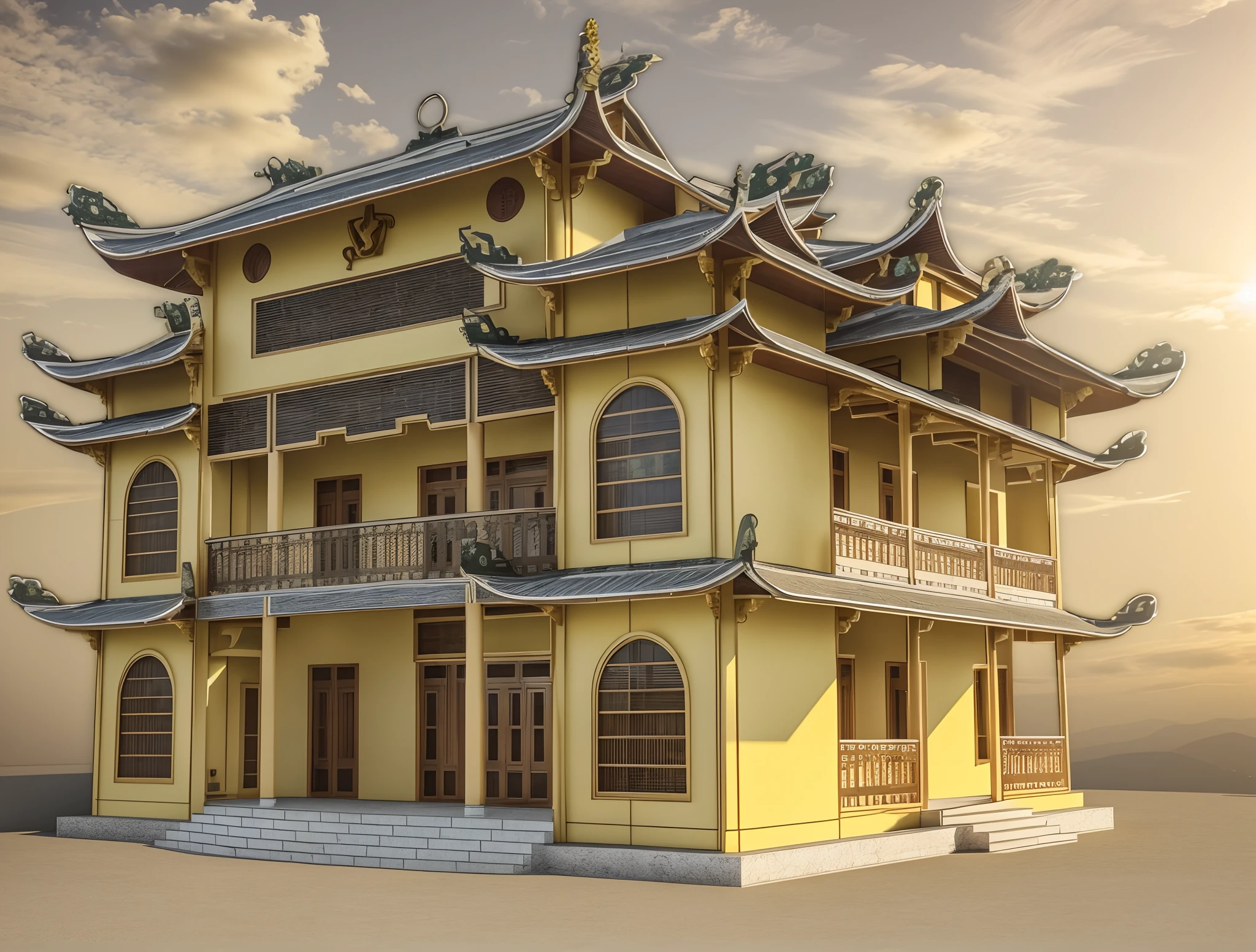RAW image, masterpiece, close-up of a building with many windows and balconies, Chinese building, Tibetan-inspired architecture, front view, an extremely detailed building, architectural buildings nepali, front view, chinese palace, digital rendering, digital rendering, front elevation view, architectural rendering, chinese architecture, rendered 3d model, with rendering 3d, with 3d render, architectural render ((light yellow tone: 1.2)), (red tiles), high quality, best quality, Realistic, Super detailed, Daylight sunny, Archdaily Architecture, (((high detail: 1.5))), 8k uhd, dslr, soft light, high quality, film grain, Fujifilm XT3, Premium, High Dynamic Light, High Contrast , blue sky, light white clouds, behind green trees,( front yard lined with gray stone)