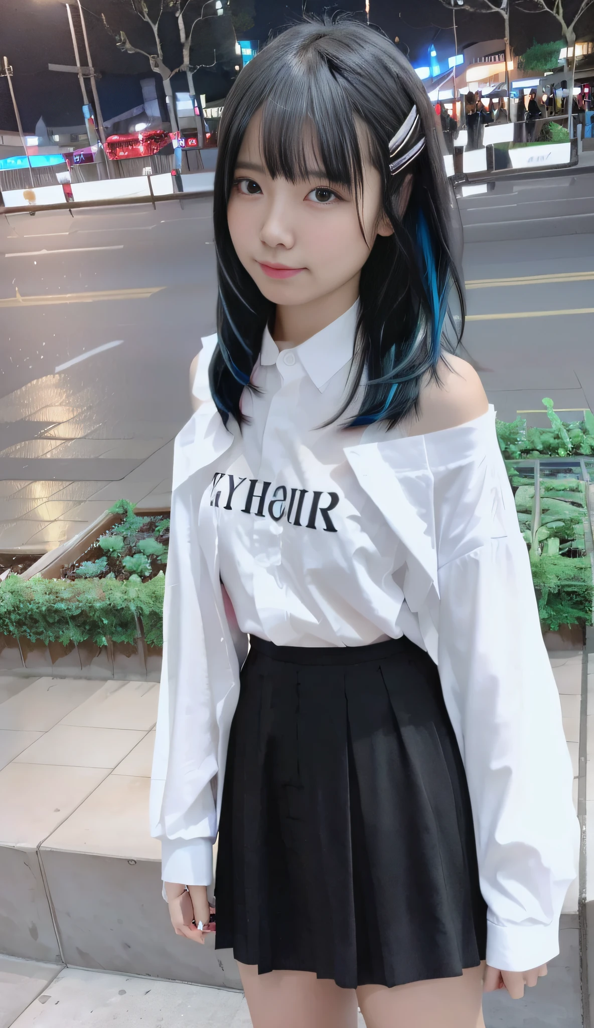 1girll, black_Skirt, Blue_Hair, Building, City, Cityscape, Hair_between_Eyes, Jacket, Looking_at_peeping at the viewer, mediating_Hair, Multicolored_Hair, multiple_Boys, Night, Off_Shoulder, Outdoors, pleated_Skirt, Road, shirt, Skirt, skyscraper, Smile, Solo_Focus, street, White_shirt