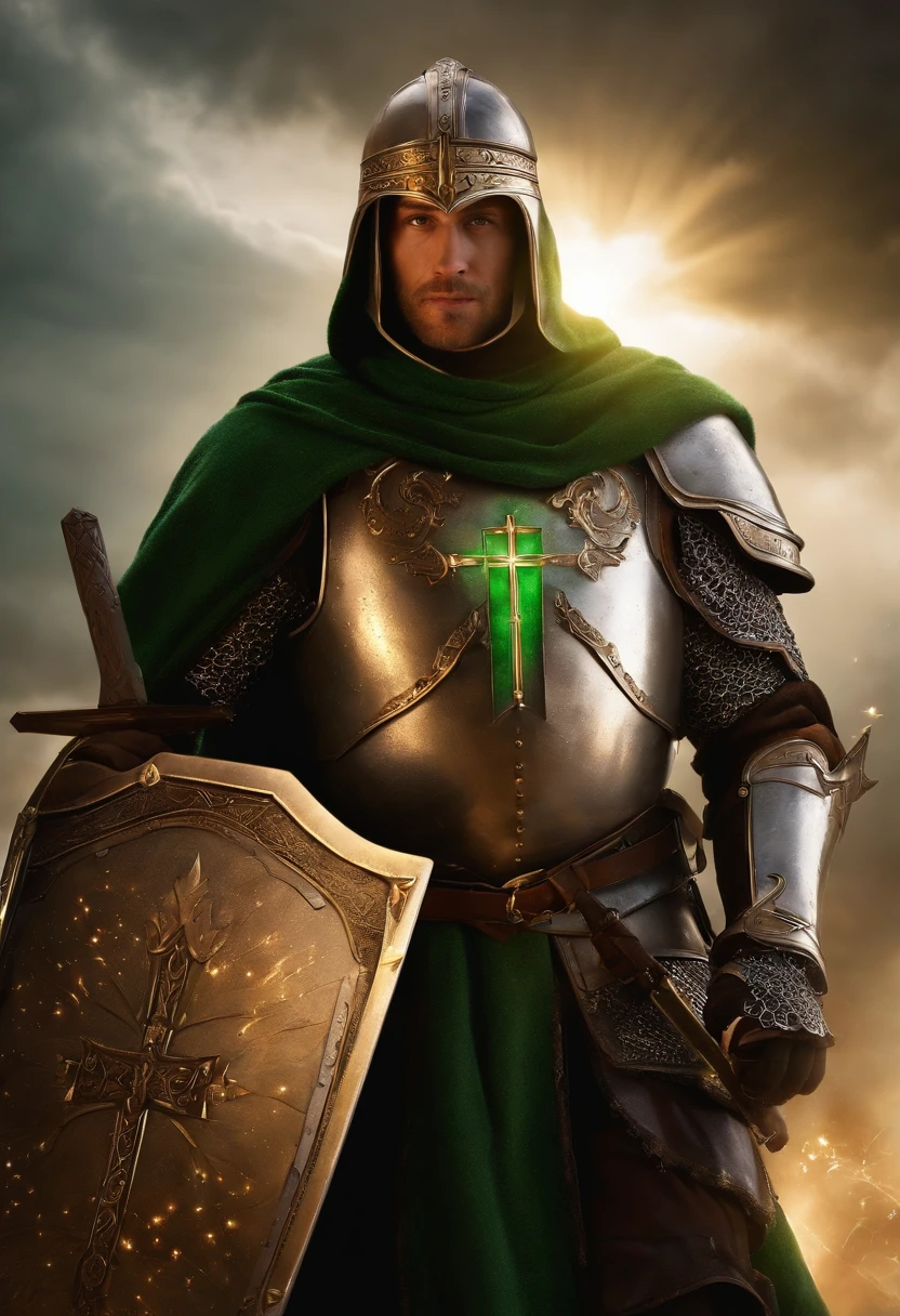 "Royal Knight with a majestic aura, Adorned with shimmering snow-white armor, Holding the healing rod in your right hand,Holding the shield of the cross in your left hand, Towering in the midst of medieval battlefields,Wearing a green aura,Banners and rays of light fluttering in the wind illuminate the scene.large cross,Shield to protect allies,"