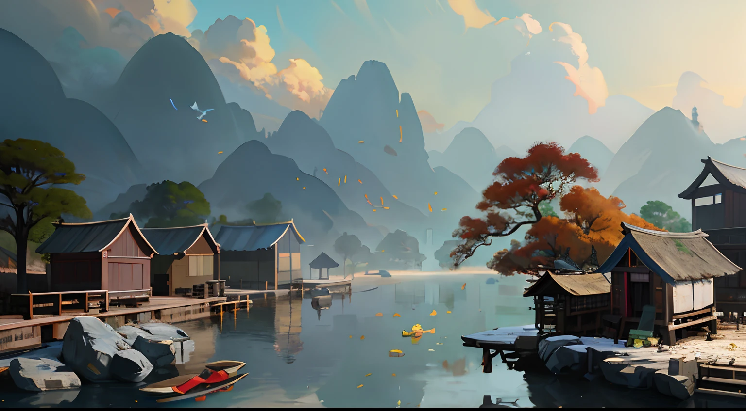 Yangshuo scenery Jiaguilin, Oil painting style，ismail inceoglu and ruan jia, martin raphael lacoste, Estilo de Raphael Lacoste, inspired by sung choi, ross tran. scenery background, Inspired by Fenghua Zhong, andreas rocha style, Chinese village, Chinese, by Raymond Han, Rosla global lighting