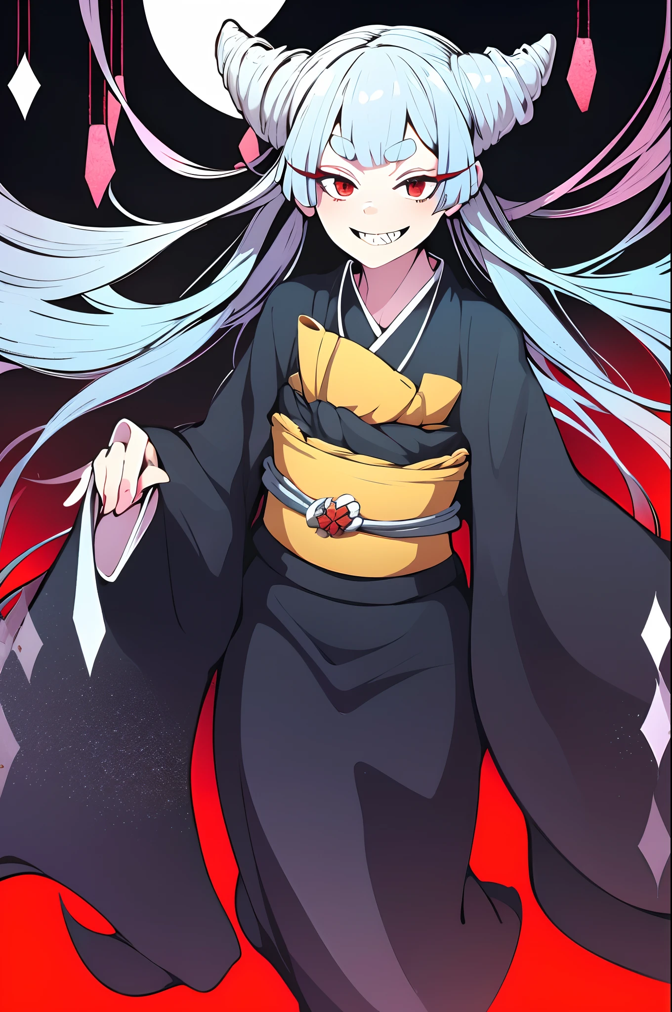 Urara ayashimon, silver hair, horns hair, red eyes, ****, black kimono, sharpteeth, smug, smile, full body, flipflops