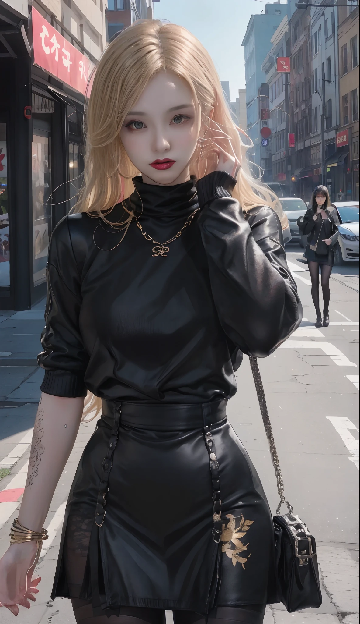 Blonde woman in black leather dress walking down the street, gothic city streets behind her, portrait of kim petras, all black cyberpunk clothes, inspired by Yanjun Cheng, cruel korean goth girl, wearing black clothes, Leather top, wearing black clothes, Outfit in black, Leather, skintight black clothes, in city street, She is seen wearing streetwear pieces, cyberpunk style outfit