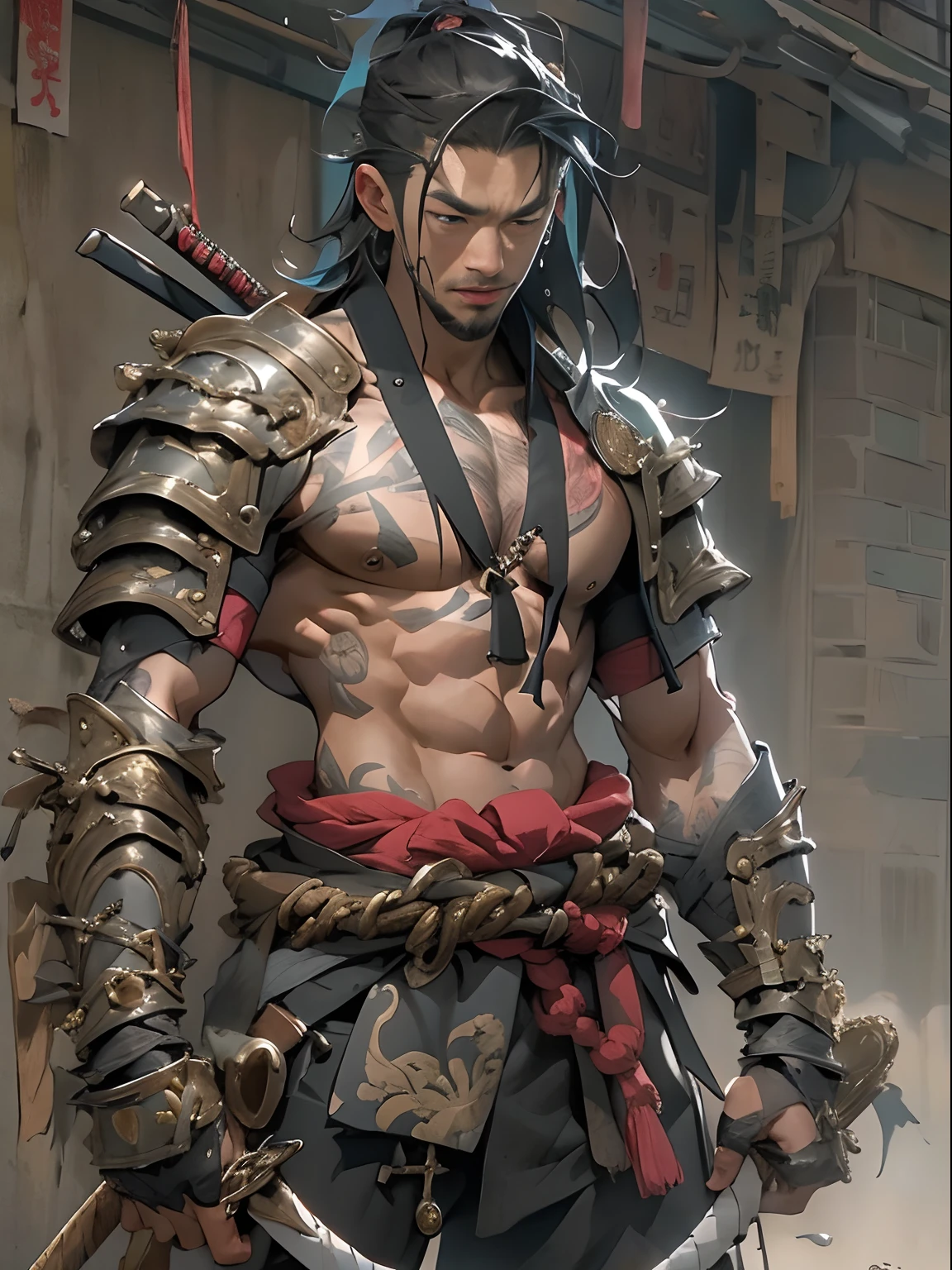 (((mtu))), (((best qualityer))), (((tmasterpiece))), (((AS-Adult))), ((( Japanese ))), Look up from your knees, Handsome Asian samurai,perfect body figure, Modern samurai, ((( Asian))), Wear gloves on your hands,The left arm is made of steel and metal tips,Made of protective devices, The eyes are pulled, (( Appears below the chest )), (( Small dental floss )), Simon Bisley, Almost naked(Simon Bisley)Castle City Wilderness,For high-resolution posters, hair straight, Minimum clothing, armure (Crazy clothes ), Full of tips and rivets, tribal tattoos, (((full bodyesbian))), Straight brunette hair,Colored hair ends