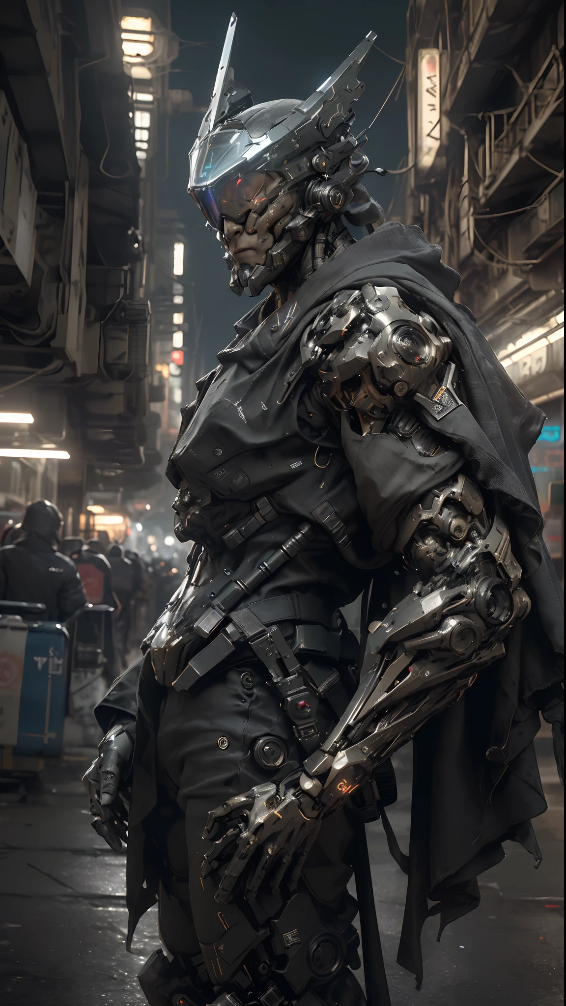A cinematic action scene of a muscular Special Forces cyborg, Helmet with holographic optics, Dark dystopian aesthetics of science fiction, Dystopian city in the background, at night, Dynamic angle, Cinematic lighting, altamente detalhado, hiper-realista, (corpo inteiro:1.2)