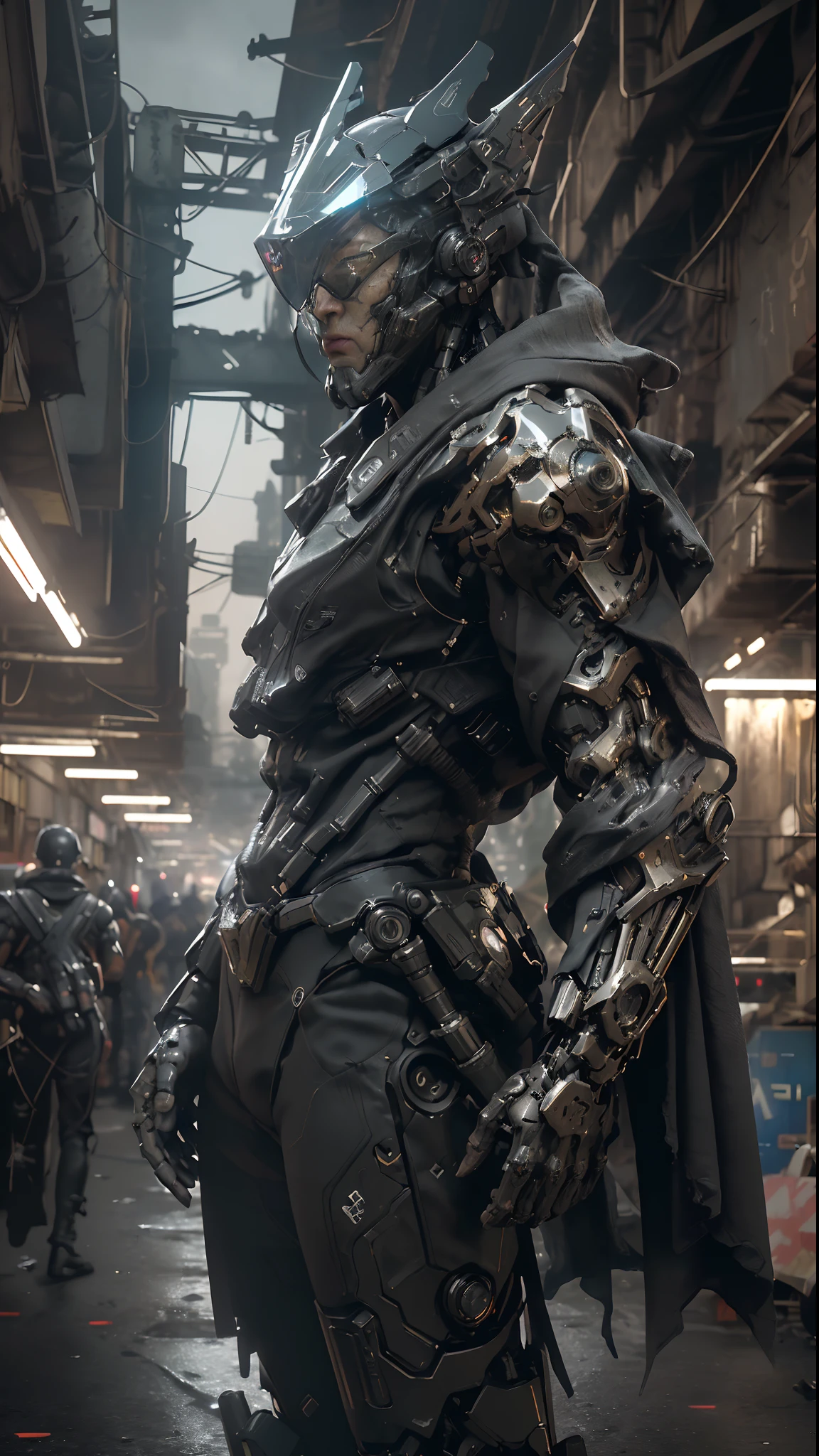 A cinematic action scene of a muscular Special Forces cyborg, Helmet with holographic optics, Dark dystopian aesthetics of science fiction, Dystopian city in the background, at night, Dynamic angle, Cinematic lighting, altamente detalhado, hiper-realista, (corpo inteiro:1.2)