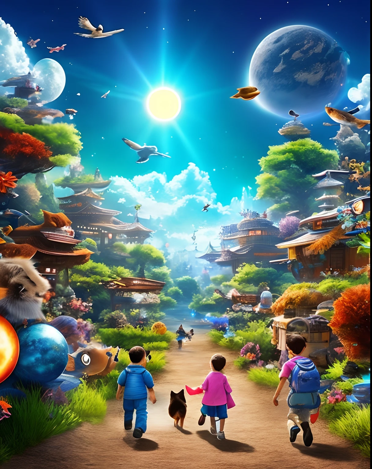 Stages of science fiction。Walk side by side face-to-face。hopeful smile。Boy and Girl Explorer、Meet the small animals、Animals are gathering。Boys and girls came to explore。Invite animals。Laughing。hopeful smile、Hareful、a squirrel、birdie、bear、a Dog、Cat、moles、Boys and Girls Kids Expedition、With Zach on my back、Several planets in the blue sky