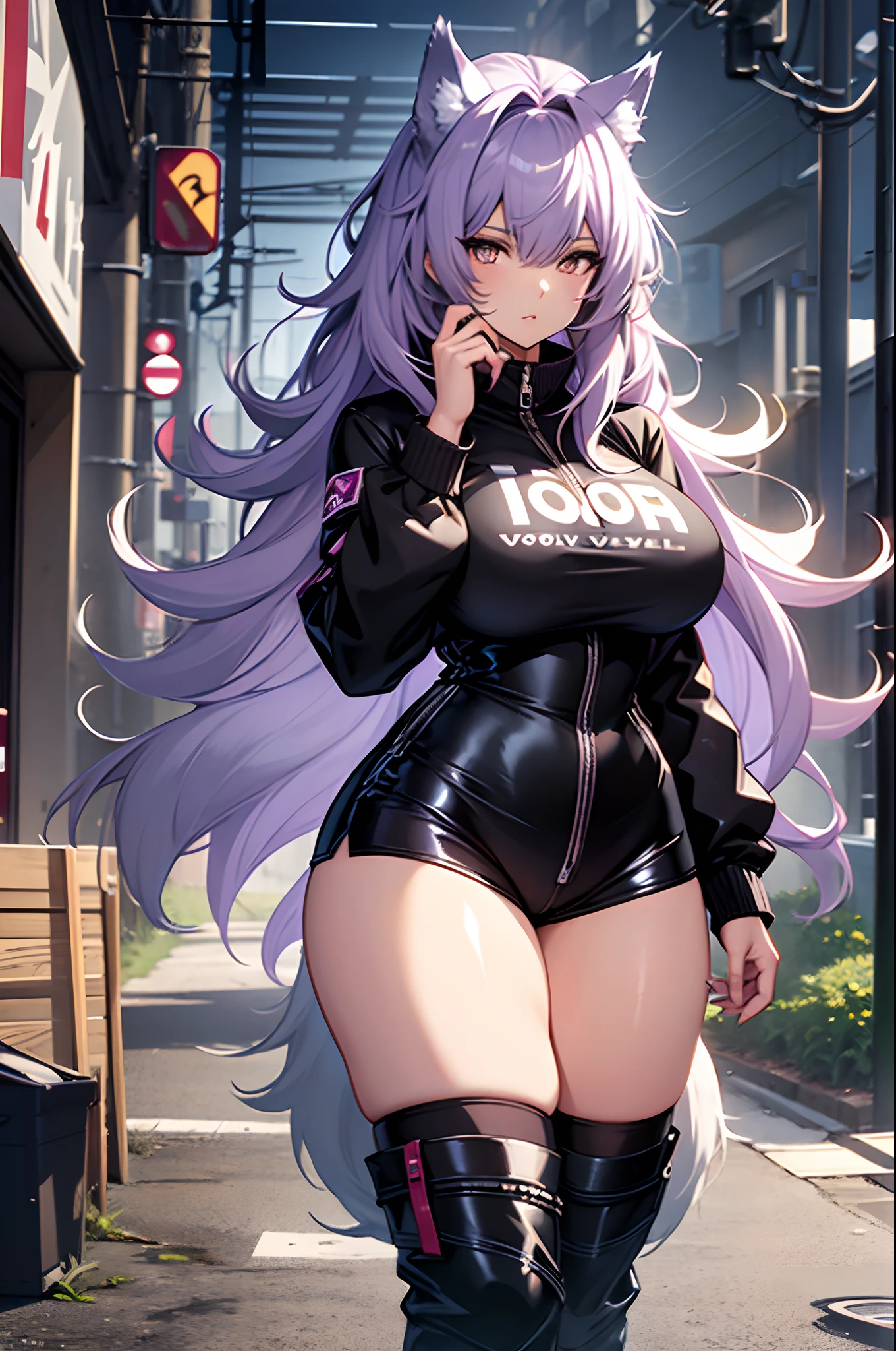 one woman, wolf girl, wolf ears, wolf tail, violet hair, strong, firm body, thick thighs, big breasts, muscular arms, casual clothes, sfw, sexy, full body, masterpiece, highly detailed, shiny clothes, latex, tall women, punk,