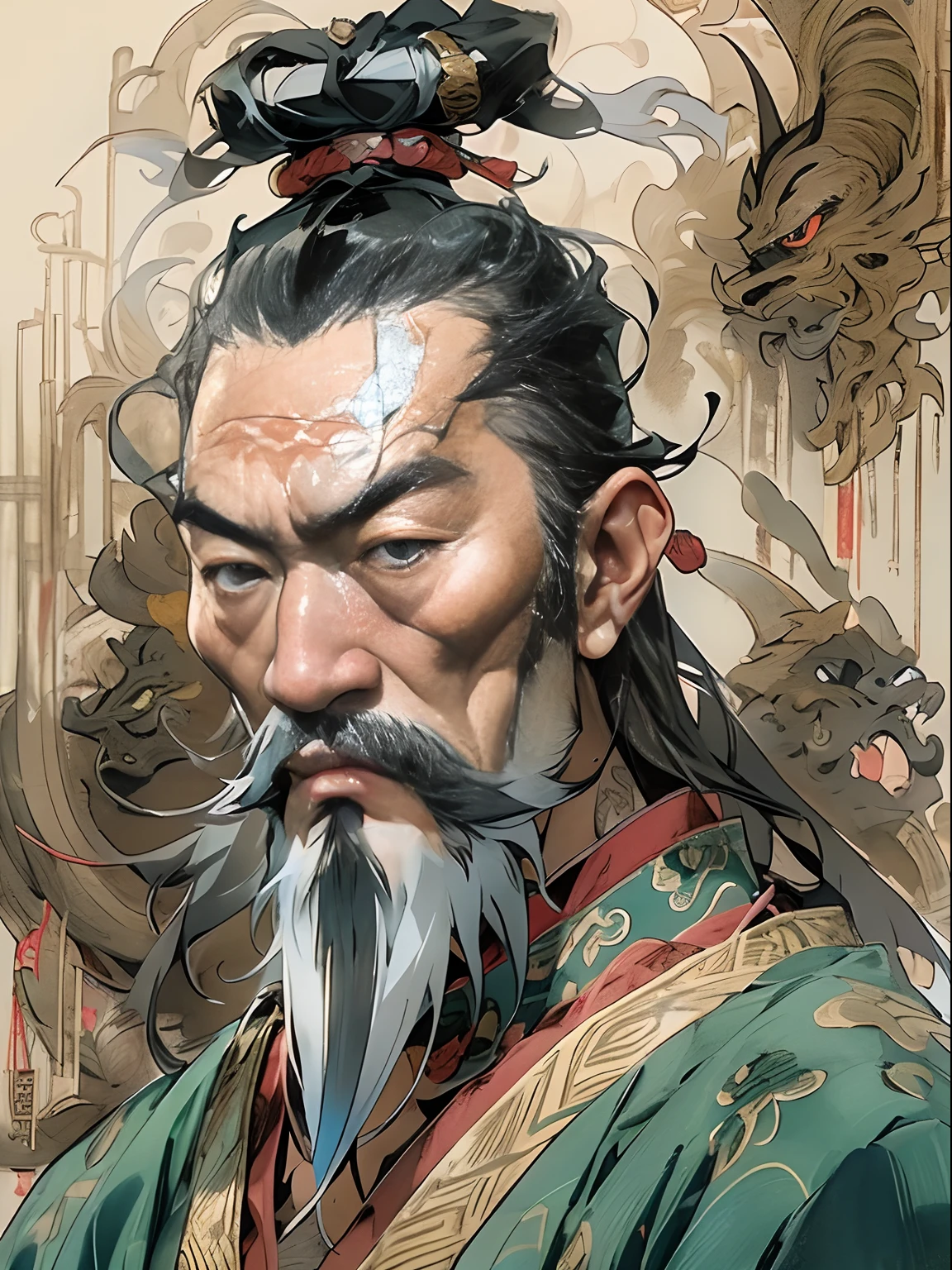 (((China-style,Ink painting method,Half-length portrait,Intense color,Han dynasty, China,Hanfu,Armor,Guan yu,Guan Yunchang,of a guy,Ruddy killing square face,Hold the Blue Dragon Moon Knife in his right hand,Stroke your beard with your left hand,Long hair,petty eyes,Green robe))), (((best qualityer))), (((tmasterpiece))), (((AS-Adult))), ((( Japanese ))), Look up from your knees, Handsome Asian samurai,perfect body figure, Modern samurai, ((( Asian))), Wear gloves on your hands,The left arm is made of steel and metal tips,Made of protective devices, The eyes are pulled, (( Appears below the chest )), (( Small dental floss )), Simon Bisley, Almost naked(Simon Bisley)Castle City Wilderness,For high-resolution posters, hair straight, Minimum clothing, armure (Crazy clothes ), Full of tips and rivets, tribal tattoos, (((full bodyesbian))), Straight brunette hair,Colored hair ends