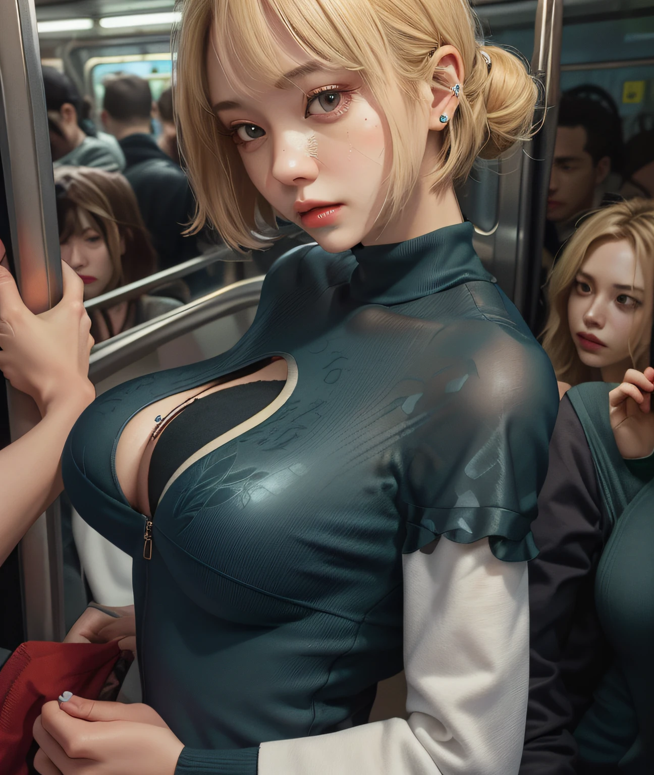 VERY crowded subway train interior detailed scenario), (VERY crowded subway train interior detailed background)　(Very ugly men)、Man Standing Behind Woman、Arms outstretched、Grabbing a woman's breasts from behind、Man's hand groping pubic area、Female crying face、Woman's troubled face、Involuntary gestures of women、femele(Blonde Bob Hair、爆乳、Slimed、Constriction)　ultra-detailliert、top-quality、8K、a picture、Sweaters、Sperm in the female breast、Sex with men、Realistic、