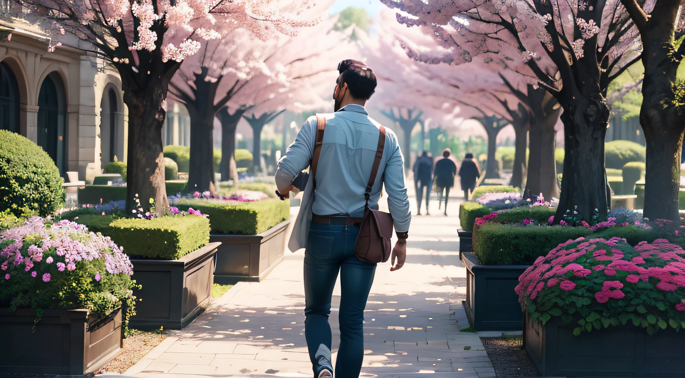 "Capture the Beauty of Human Connection: A man Engaging with a lot other people, Exchanging Laughter, Amidst the Splendor of a Picturesque Spring Day in a Charming Garden."