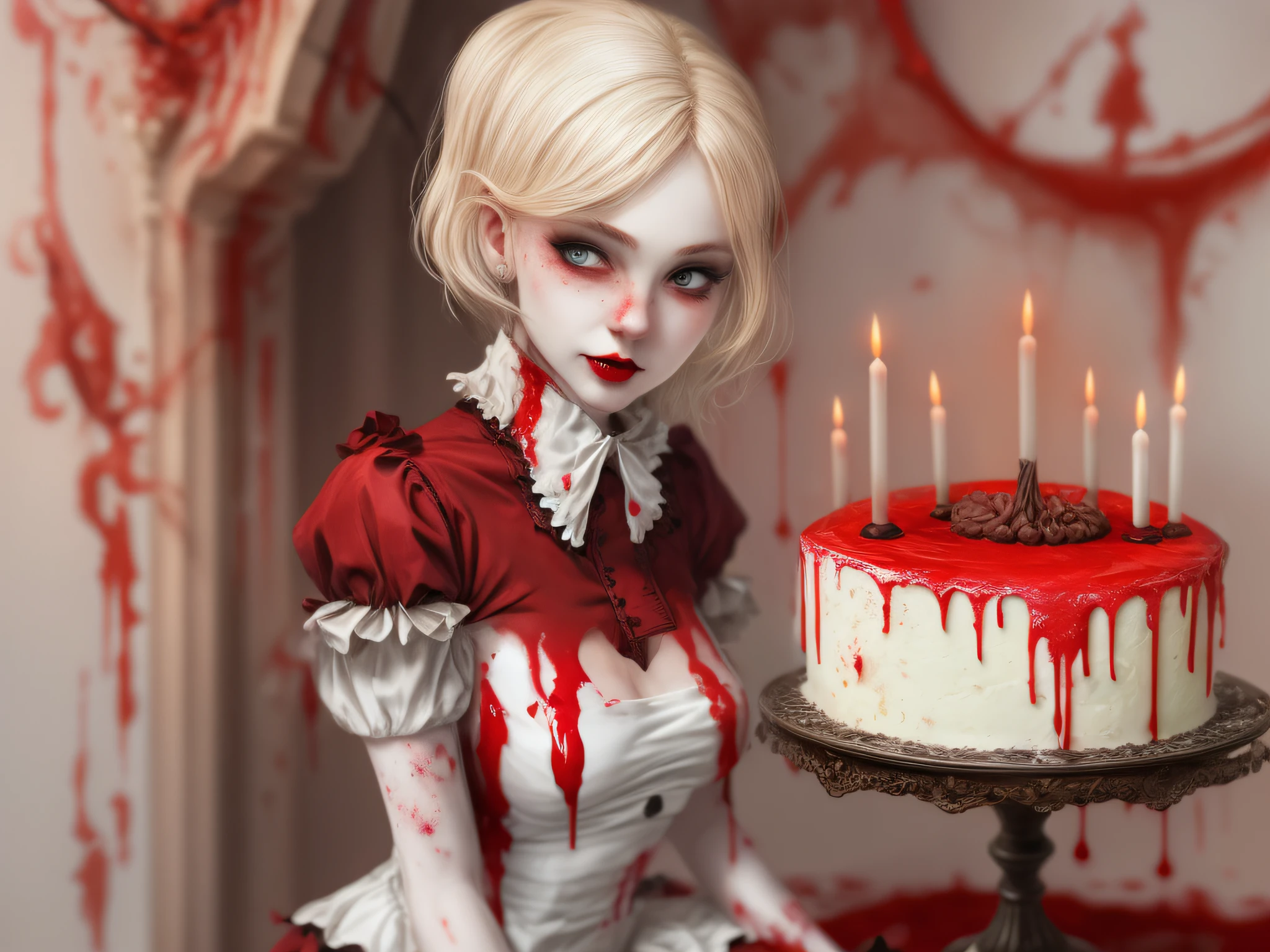 a  picture of extremely (beautiful (1) female vampire: 1.4) looking at (red MasterChef style cake: 1.5), an exquisite (1) beautiful vampire, full body, ultra feminineת (ultra detailed face: 1.2), blond hair, short hair, pale skin, red lips, blue eyes, (vampiric fangs: 1.2) wearing sexy white seductive latex dress, blood stains on the dress, looking at a red Bakeoff, award winning cake, 2 floors, decorated with red whipped cream, and artful stylish decorations, blood dripping from the cake, dark castle style kitchen background, dim candles light, dark fantasy art, gothic art, dynamic angle, best details, best quality, 16K, [ultra detailed], masterpiece, best quality, (ultra detailed), full body, ultra wide shot, photorealistic,