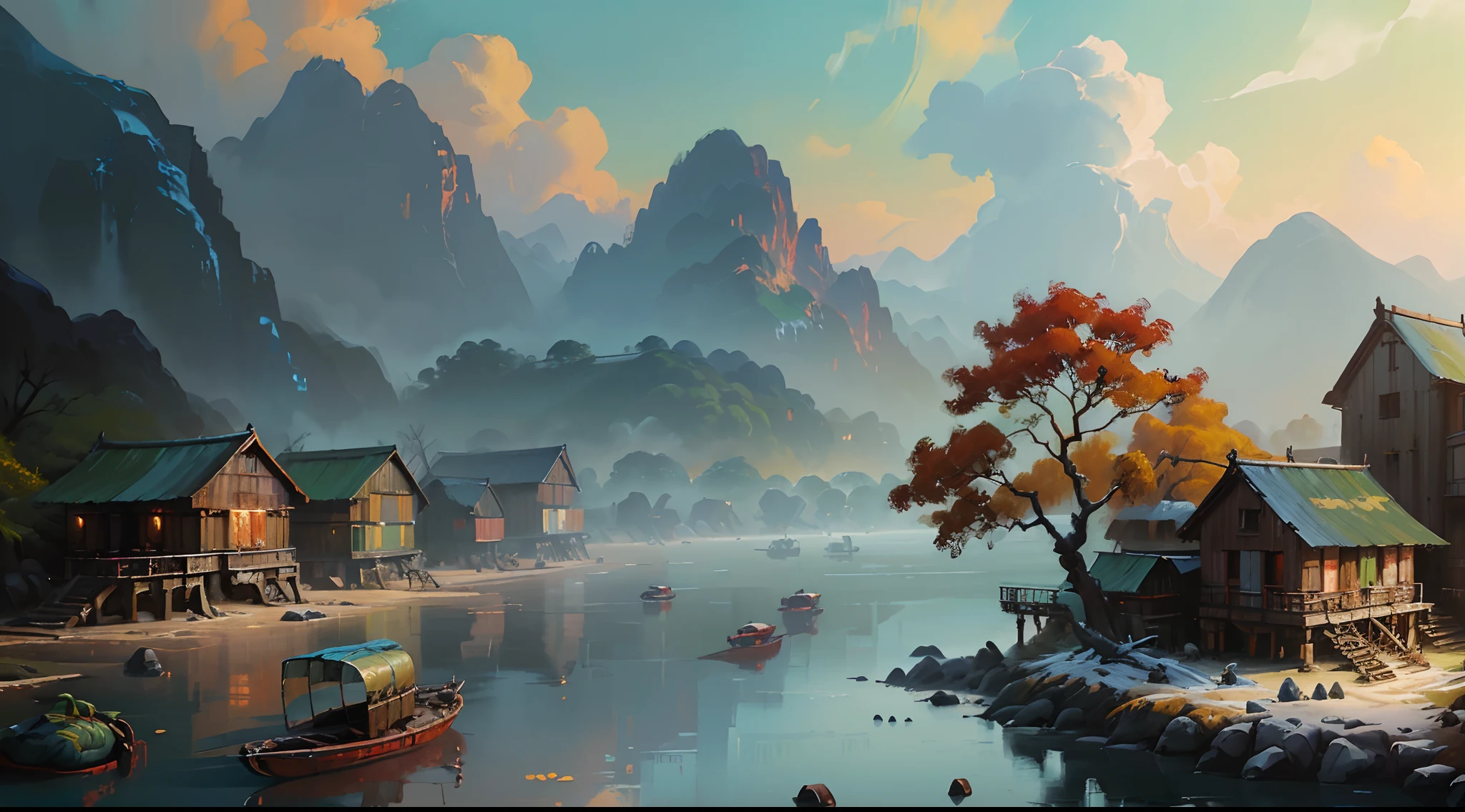 Oil painting style,The colors are bright and vivid, ((author:Facepunch Studios style:1.4)), The landscape of Yangshuo, China, ((The style of oil painting should follow the style of the original work:1.4)),