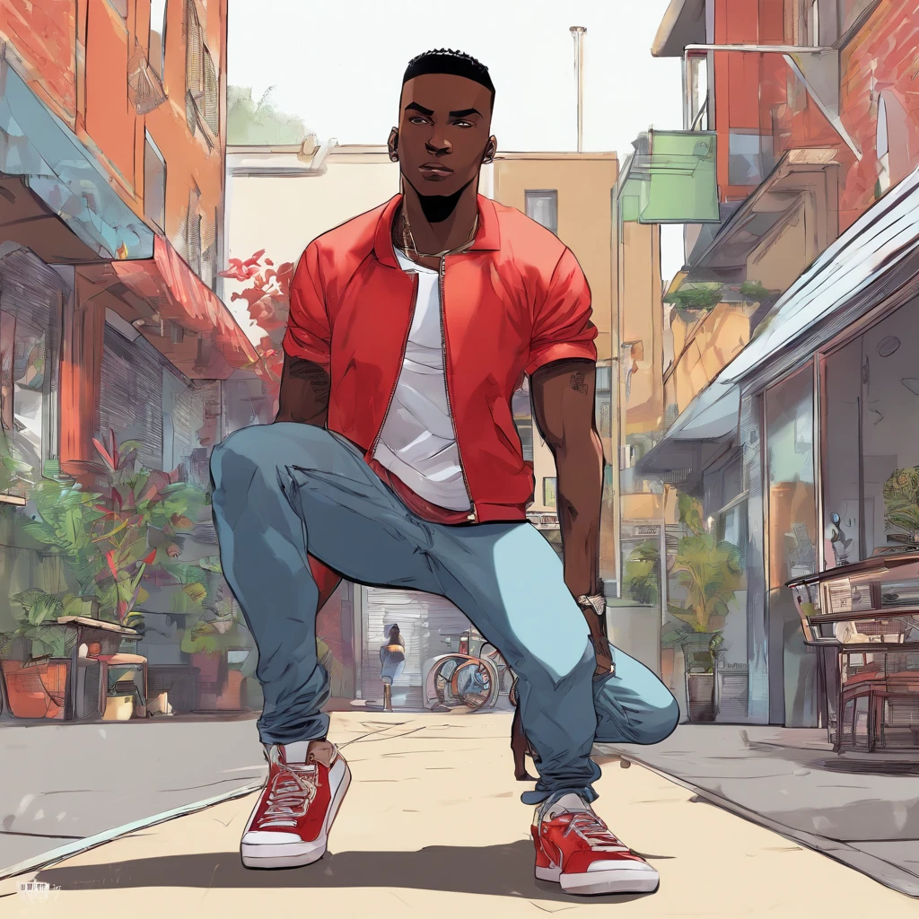 black skinned adult male, late 20s, street thug, A black teenager, character, very tall, muscular, with short hair, brown eyes, solo, 1boy, he has a burn mark in the left side of his face. He is wearing a white tank top and dark red unzipped jacket, his leg wear consists of blue jeans, dark sneakers and a silver necklace.(((black:1.5, red:1.1, white:1.3))) Semirealistic style, masterpiece, best quality, 8k, artstation, sharp focus, high details