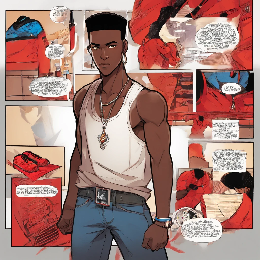 black skinned adult male, late 20s, street thug, A black ager, character, very tall, muscular, with short hair, brown eyes, solo, 1boy, he has a burn mark in the left side of his face. He is wearing a white tank top and dark red unzipped jacket, his leg wear consists of blue jeans, dark sneakers and a silver necklace.(((black:1.5, red:1.1, white:1.3))) Semirealistic style, masterpiece, best quality, 8k, artstation, sharp focus, high details