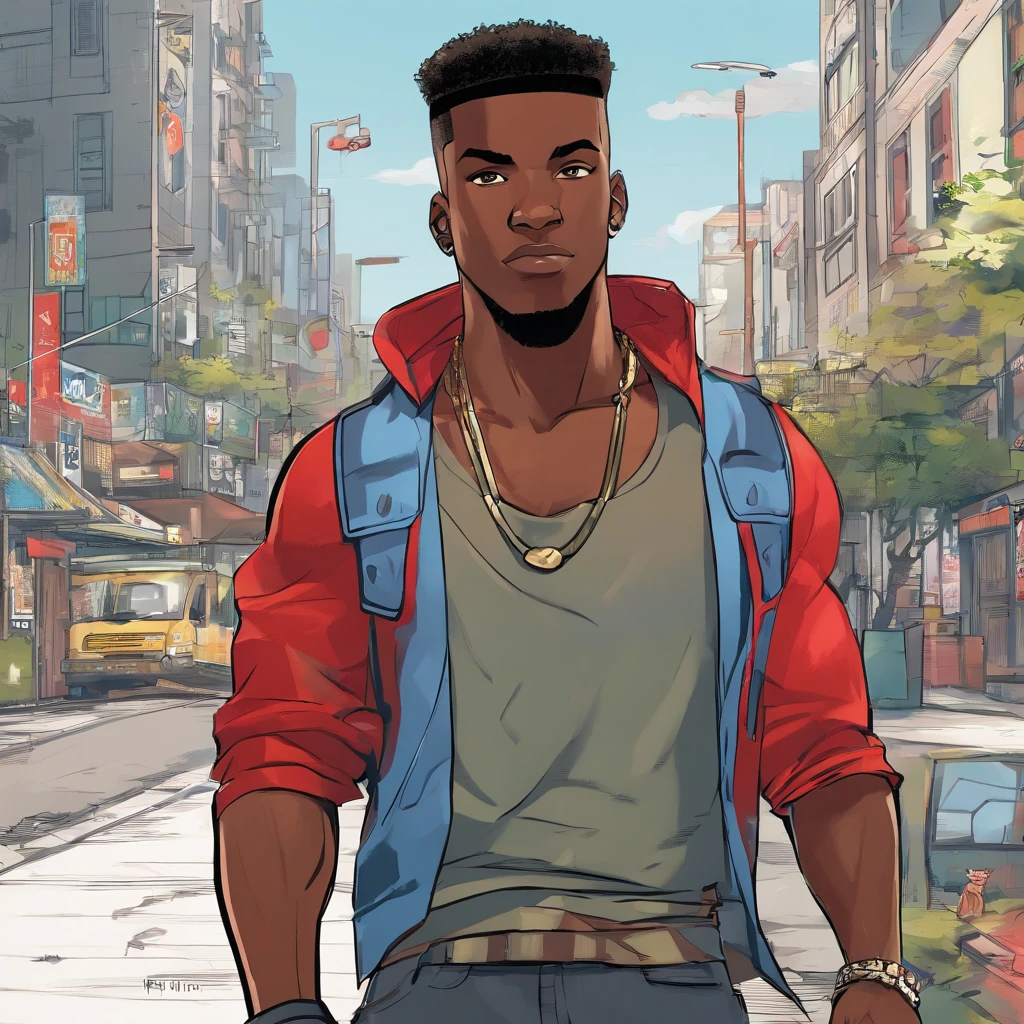 black skinned adult male, late 20s, street thug, A black teenager, character, very tall, muscular, with short hair, brown eyes, solo, 1boy, he has a burn mark in the left side of his face. He is wearing a white tank top and dark red unzipped jacket, his leg wear consists of blue jeans, dark sneakers and a silver necklace.(((black:1.5, red:1.1, white:1.3))) Semirealistic style, masterpiece, best quality, 8k, artstation, sharp focus, high details