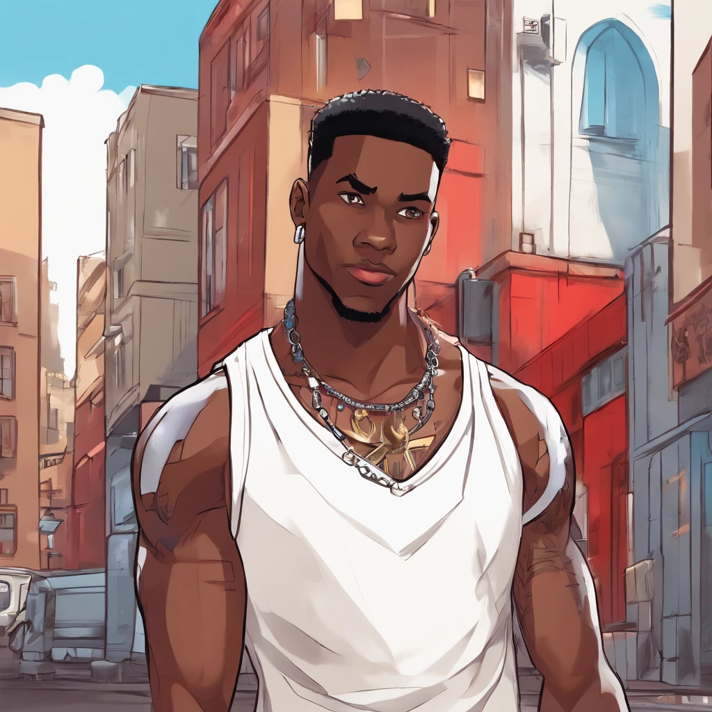 black skinned adult male, late 20s, street thug, A black teenager, character, very tall, muscular, with short hair, brown eyes, solo, 1boy, he has a burn mark in the left side of his face. He is wearing a white tank top and dark red unzipped jacket, his leg wear consists of blue jeans, dark sneakers and a silver necklace.(((black:1.5, red:1.1, white:1.3))) Semirealistic style, masterpiece, best quality, 8k, artstation, sharp focus, high details