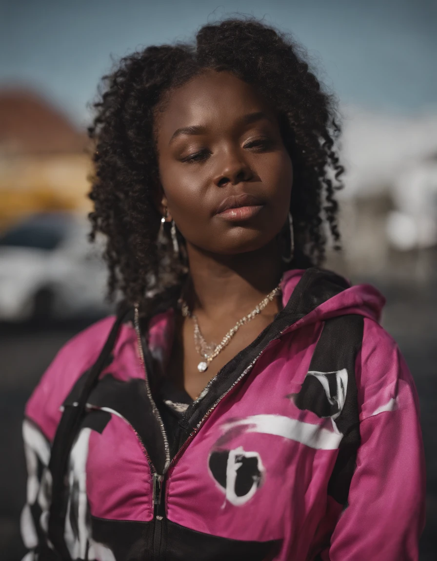 (best quality), big head, face happiness, wavy hair, (short girl with huge breasts:1.2) dark skinned girl in a punk outfit, in a graffiti street, from back, slightly chubby, two toned hair(black:1.3, neon pink:1.3), beanie with a skull logo, wide hips, big butt, thick thighs, crop top hoodie, fuchsia-colored shorts and torn leggings
