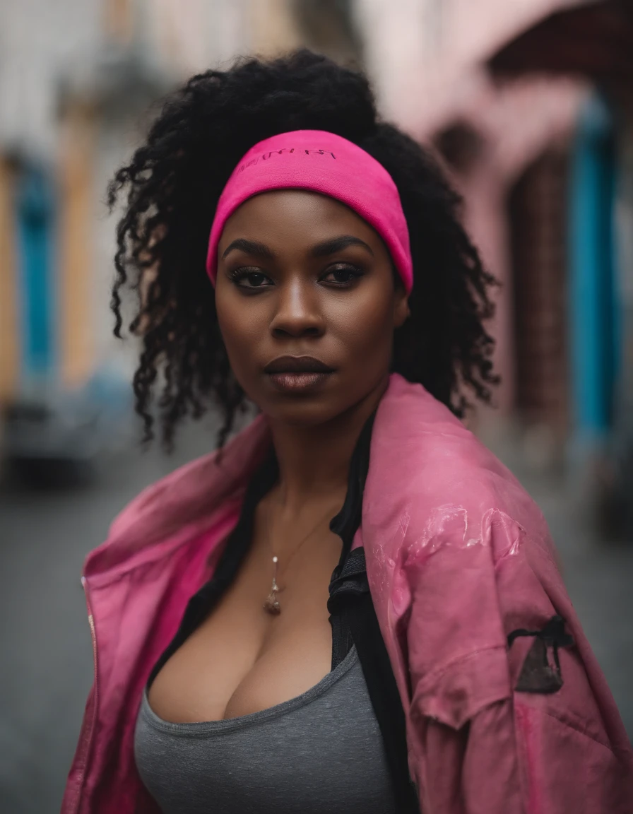 (best quality), big head, face happiness, wavy hair, (short girl with huge breasts:1.2) dark skinned girl in a punk outfit, in a graffiti street, from back, slightly chubby, two toned hair(black:1.3, neon pink:1.3), beanie with a skull logo, wide hips, big butt, thick thighs, crop top hoodie, fuchsia-colored shorts and torn leggings
