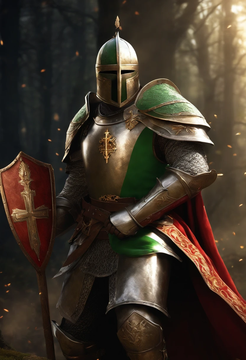 "Royal Knight with a majestic aura, Adorned with shimmering snow-white armor, Holding the legendary short stick in his right hand,Holding the shield of the cross in your left hand, Towering in the midst of medieval battlefields,Wearing a green aura,Banners and rays of light fluttering in the wind illuminate the scene.large cross,Shield to protect allies,Lots of friends behind you,Symbol of protecting warriors