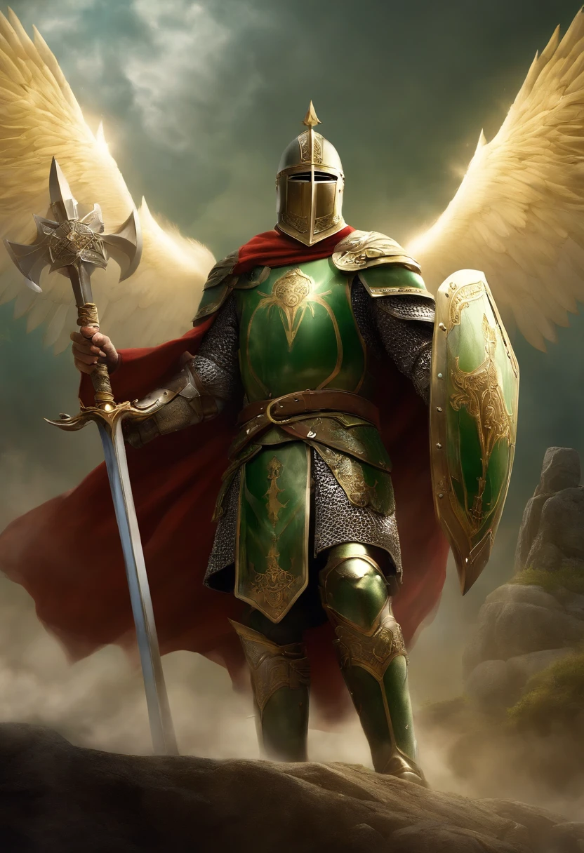 "Royal Knight with a majestic aura, Adorned with shimmering snow-white armor, Holding the legendary short stick in his right hand,Holding the shield of the cross in your left hand, Towering in the midst of medieval battlefields,Wearing a green aura,Banners and rays of light fluttering in the wind illuminate the scene.large cross,Shield to protect allies,Lots of friends behind you,Symbol of protecting warriors