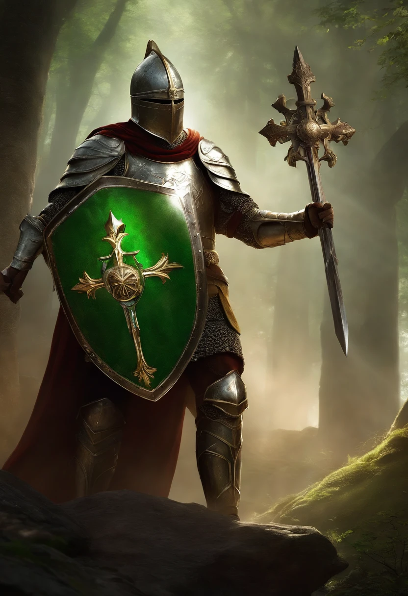 "Royal Knight with a majestic aura, Adorned with shimmering snow-white armor, Holding the legendary short stick in his right hand,Holding the shield of the cross in your left hand, Towering in the midst of medieval battlefields,Wearing a green aura,Banners and rays of light fluttering in the wind illuminate the scene.large cross,Shield to protect allies,Lots of friends behind you,Symbol of protecting warriors