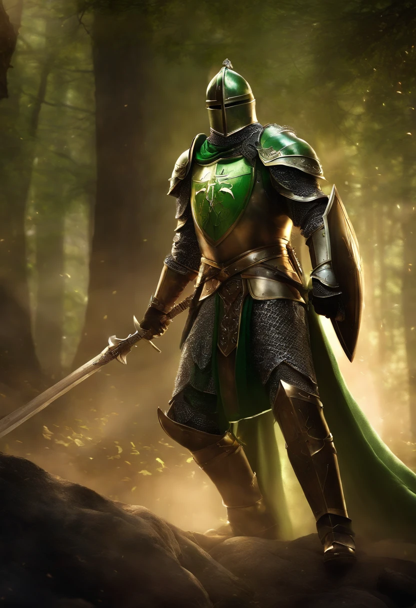 "Royal Knight with a majestic aura, Adorned with shimmering snow-white armor, Holding the legendary short stick in his right hand,Holding the shield of the cross in your left hand, Towering in the midst of medieval battlefields,Wearing a green aura,Banners and rays of light fluttering in the wind illuminate the scene.large cross,Shield to protect allies,Lots of friends behind you,Symbol of protecting warriors