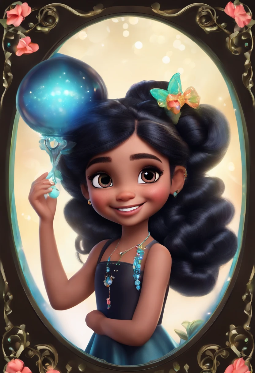 Lori is cute， 8 year old little girl，Black twisted braid, Modern accessories , Delicate water spirit big eyes, laughing heartily, Detaileddetails, holograph, Clear and simple background，Disney image