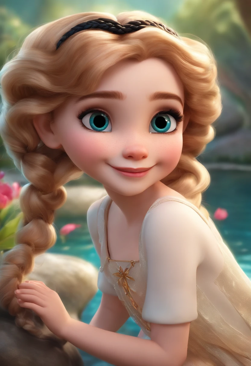 Lori is cute， 8  girl，Black twisted braid, Modern accessories , Delicate water spirit big eyes, laughing heartily, Detaileddetails, holograph, Clear and simple background，Disney image