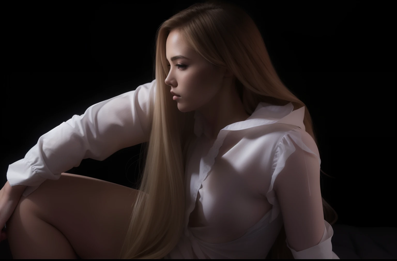Beautiful woman with flowing blonde hair, black dress, Commercial shampoo, foto realista