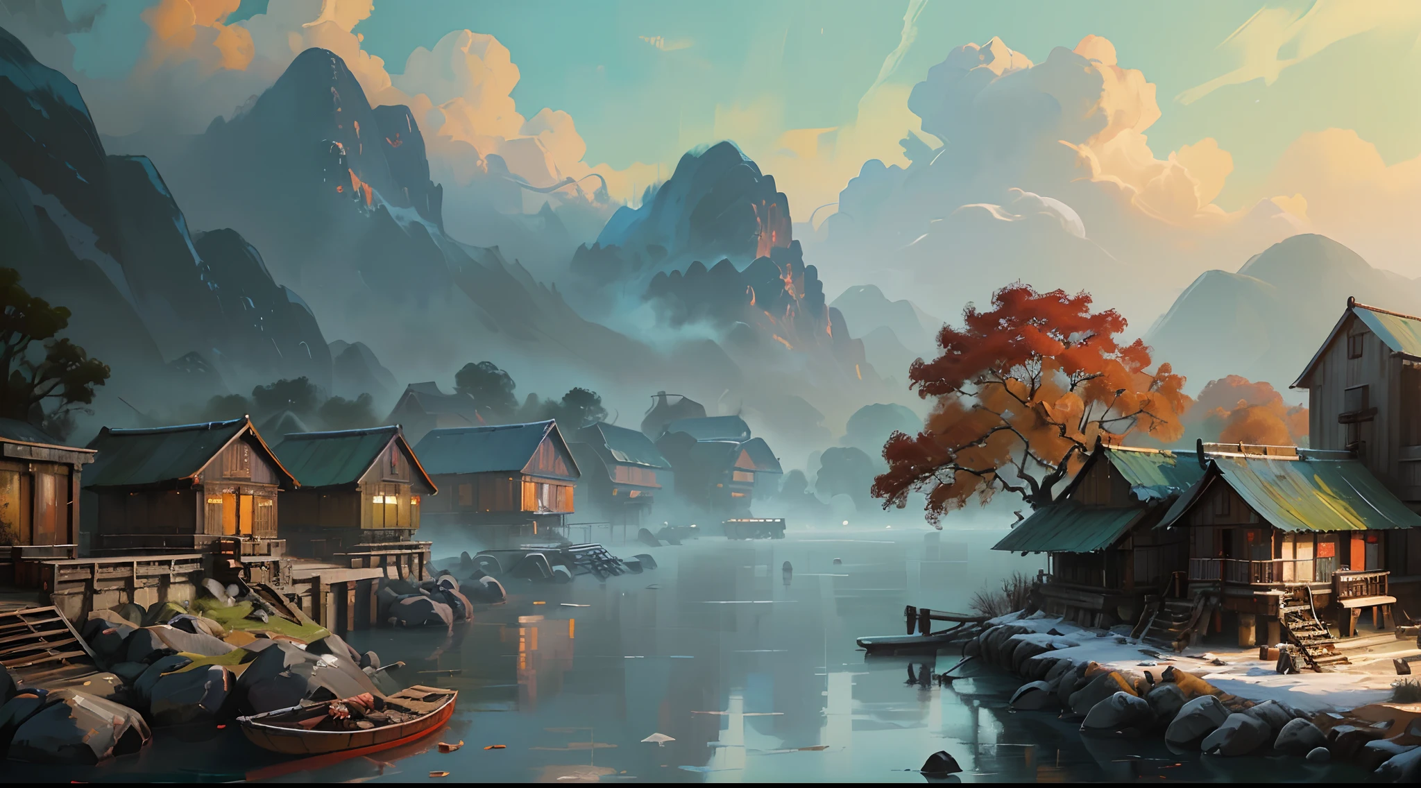 Oil painting style,The colors are bright and vivid, ((author:Facepunch Studios style:1.4)), The landscape of Yangshuo, China, ((The style of oil painting should follow the style of the original work:1.4)),