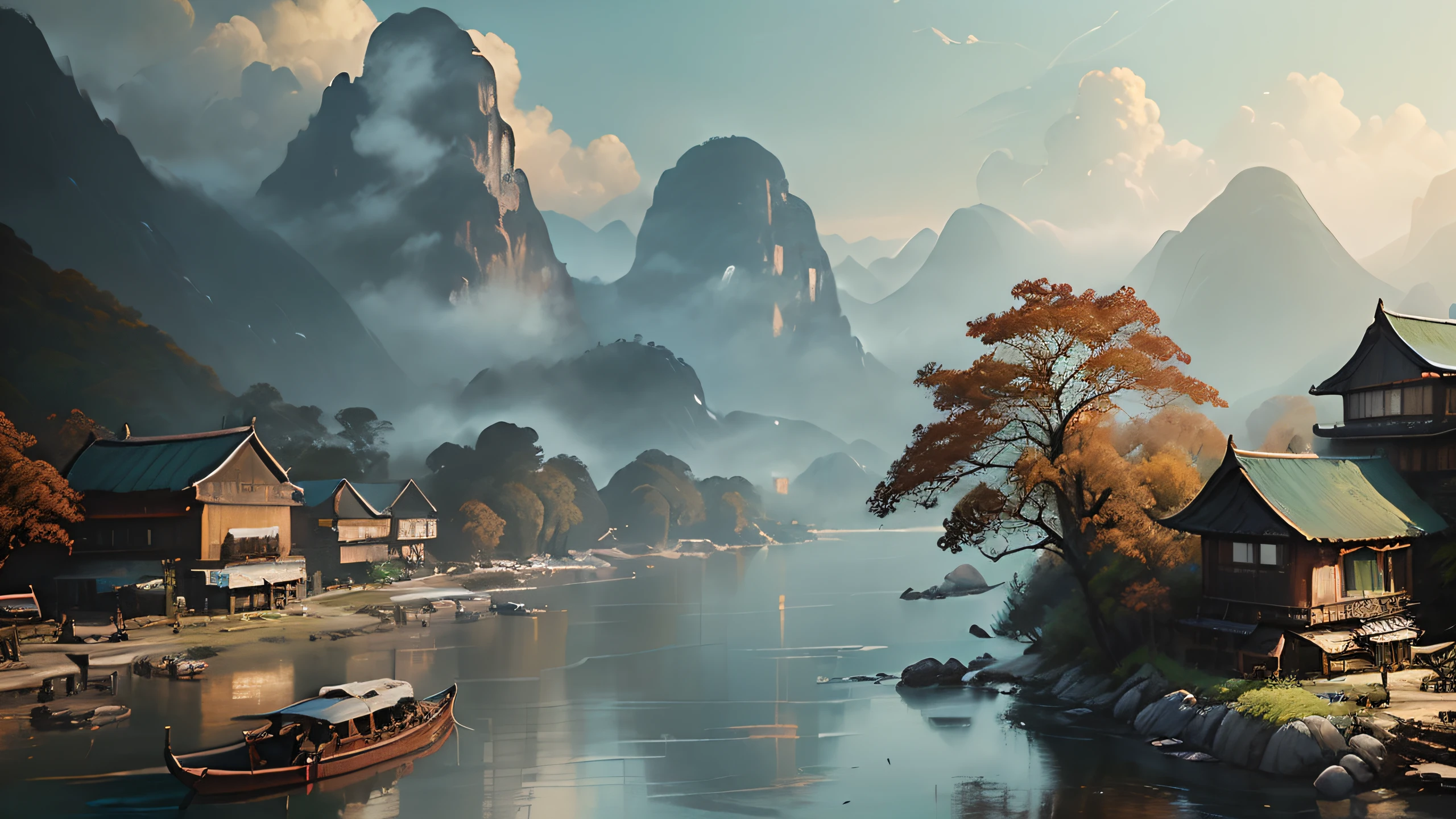 Oil painting, Bright tones, ((author：Facepunch Studios style:1.4)), Scenery of Yangshuo, China,  ((The style of oil painting should follow the style of the original work:1.4)),