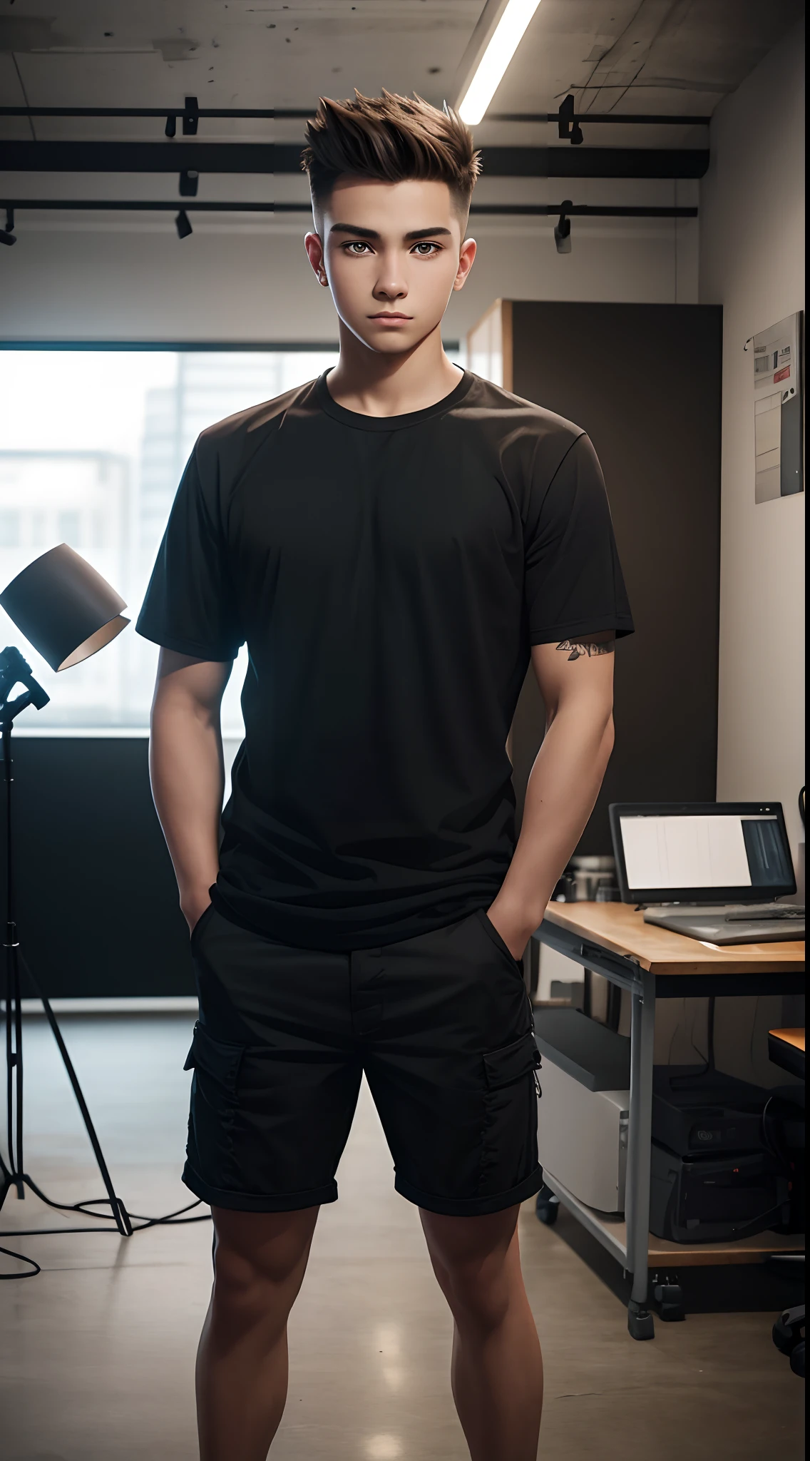 A young man name urban legend with short spiky hair in Studio co seeing camera front standing alone