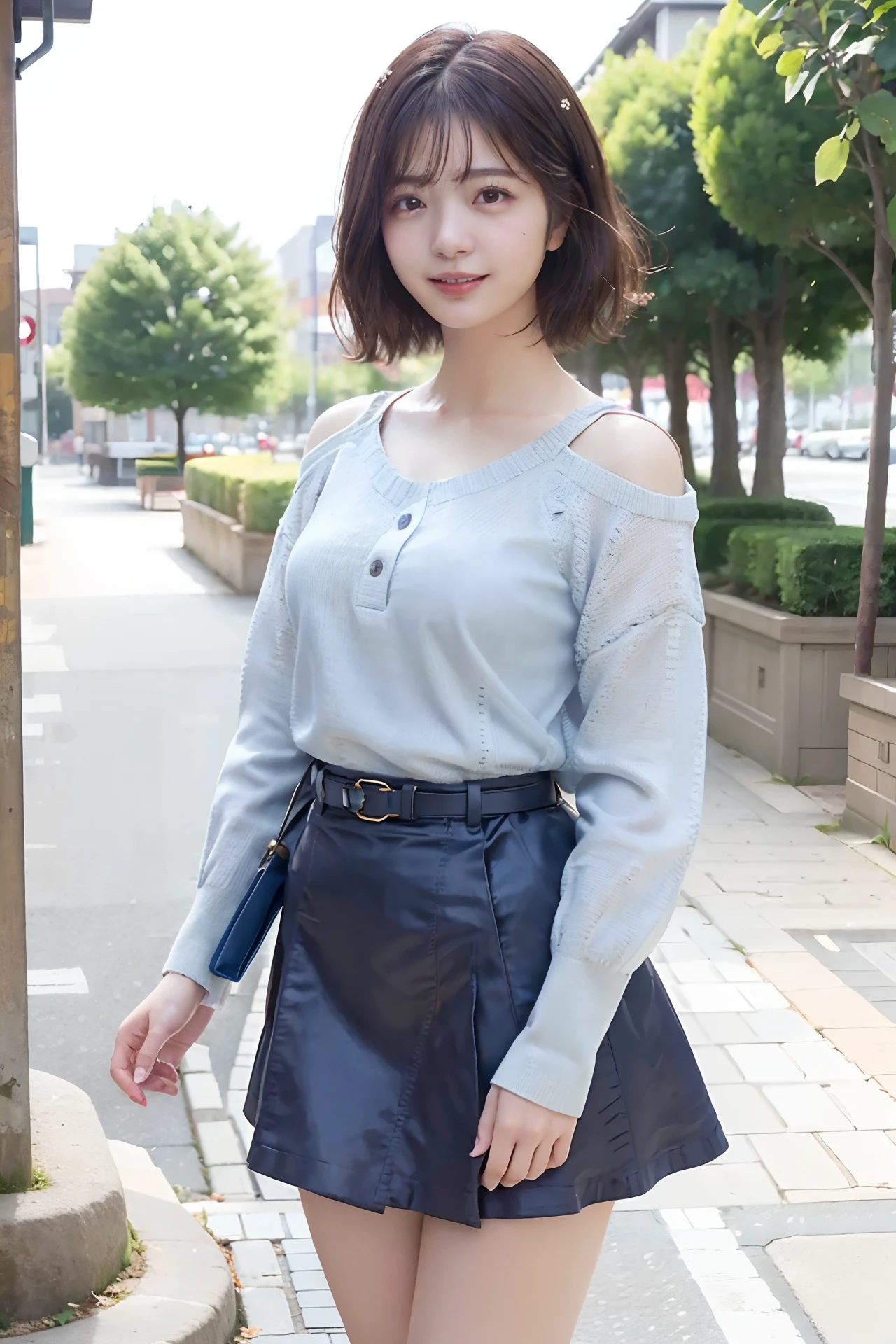 (skin blemish:1.2), (skin indentation), dark circles, 1womanl, 25 age old, (((woman))), Solo, Realistic, Best quality, Photorealistic, Mastery, 8K, A high resolution, Solo, Extremely detailed face, (Professional lighting,Bokeh),(light particules,lens flare glow,Luminous Particle:0.6),(dynamicposes:1.2),gentlesoftlighting,Top corner view,Trendy atmosphere,jpn,the street,城市,toyko,ports,((In the daytime)), Skysky, ((looking at viewert:1)), (looks into camera), Cowboy photos, opulent, standing on your feet, keep original facial proportion, Shave your shoulders, full bodyesbian, (Medium chest), (short detailed hair), A brown-haired, Fluttering, cparted lips, lipsticks, Seductive smile, Fluttering, ssmile, Open-mouthed, teeth, (Blue-gray skinny sweater), (Superskirt,Skirt that wraps hips,Ultra-short), eyeslashes, birthmark, (Moles under eyes: 1),Symmetrical slender white legs,White and tender lotus feet,without wearing shoes,Detailed beautiful feet,Focus on the chest,fully body photo