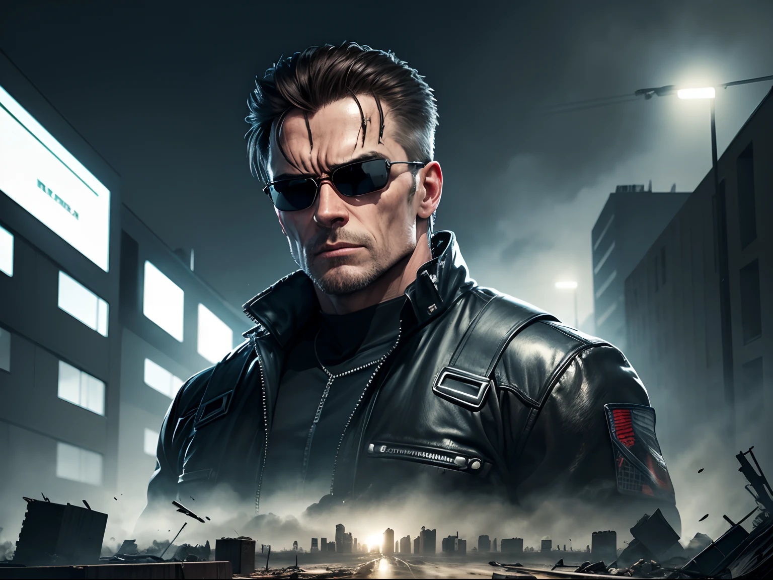 after Judgement Day with a portrait of Terminator T-800, dark sky and collapsed buildings on background, 8K, Ultra Details, look like a movie scene