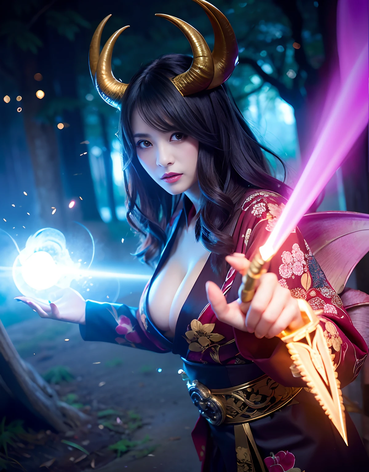 ((World of Darkness)),Professional , masterpiece、top-quality、photos realistic , depth of fields 、(sexypose)、(Background of cherry blossoms in full bloom),(Ultimate Beauty)、A dark-haired、(Fight ninjas)、(Kimono with beautiful pattern)、(Night background)、((a dark night)),(Wear a beautiful kimono),(Wear a beautiful kimono with colorful floral patterns)、Jewel Gold Weapon、Particles of light),(Has a devil's mask)、Gorgeous gold weapons ,(( Gorgeous Dragon Sword)) , (a dark night),,(maikurobikini) 、((Black Haired Beautiful Girl))、(Castle background)、(demonic wings)、((Gangle's forest background))、Beautiful Caucasian beauty、1a person、dynamic ungle,(((Two devil's horns on the head)))、Smaller head、Idle Smile、Thin and beautiful female hands、Mystical expression、Light Effects、intense fighting、Wind-effect、magic circles、With the legendary magic wand、Dragon's tail、Anatomically correct body、