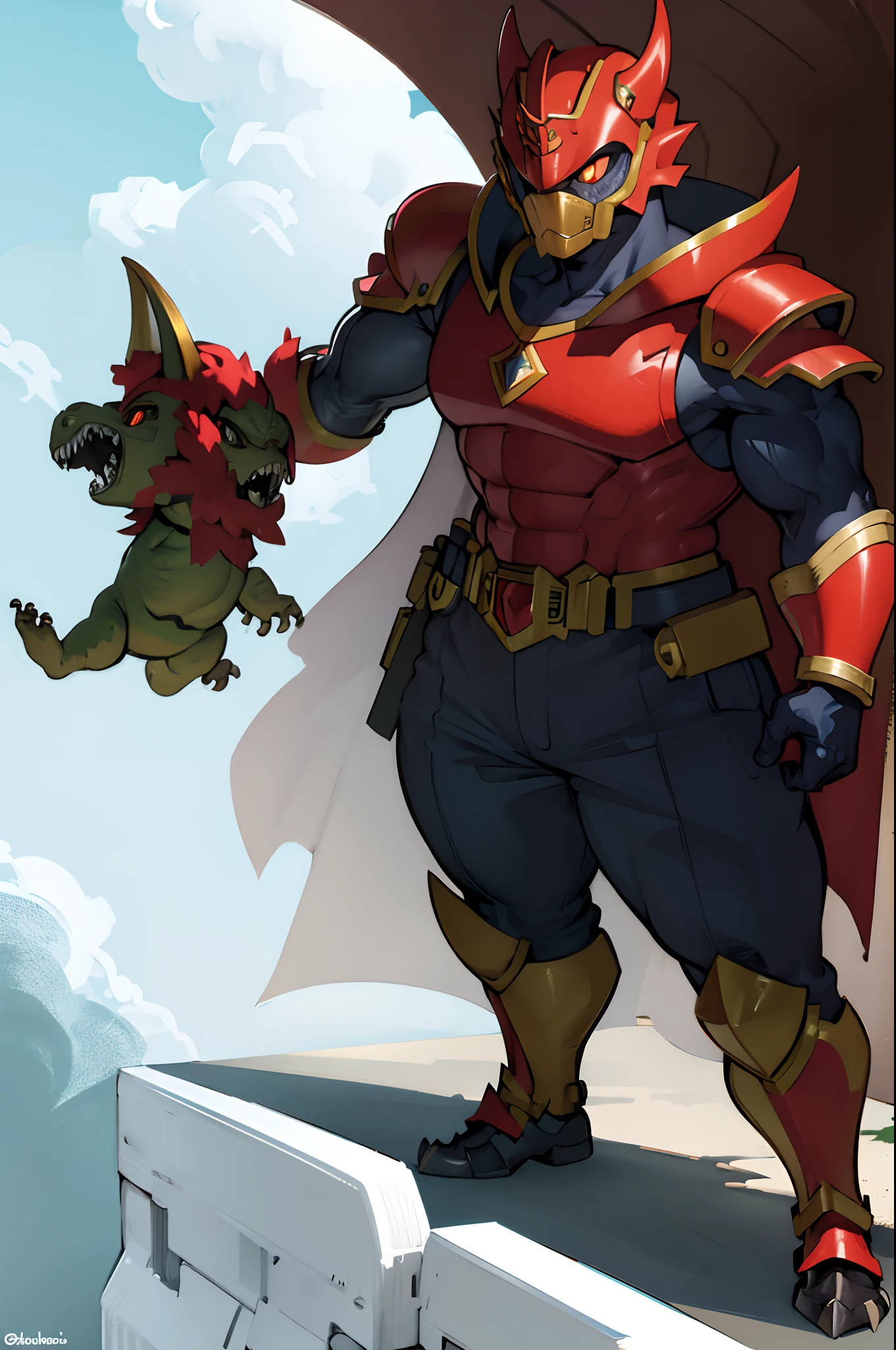 sentai villain, t-rex, monster, metal hero, dinosaur, saurian, clothed, armored, anthro, cape, standing, solo focus