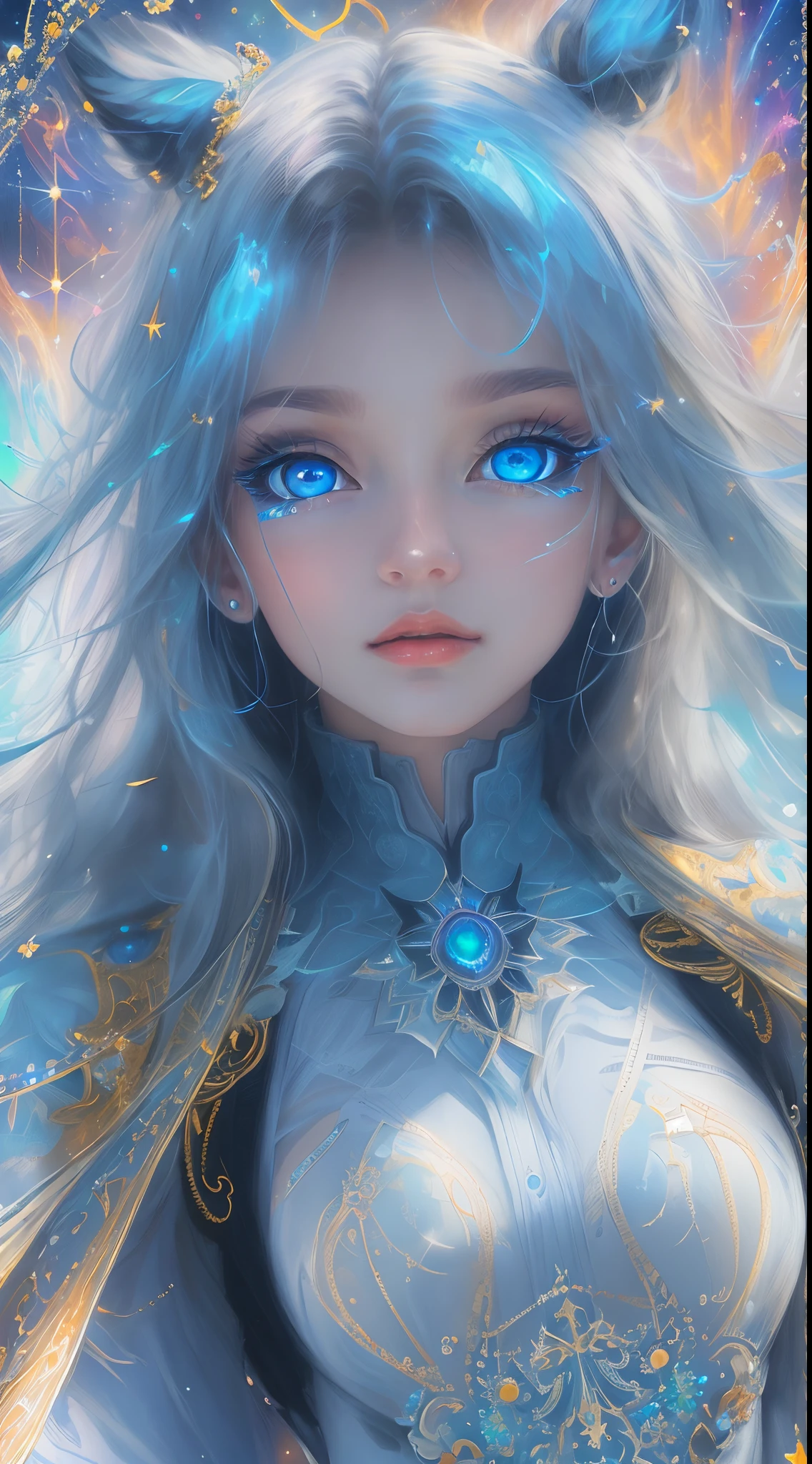 (Masterpiece, Top quality, Best quality, offcial art, Beauty and aesthetics: 1.2), (1 girl), Extreme detail, (((Vitreous blue eyes))),Sharp focus,(Fractal art: 1.3), Extremely colorful, suprem details, Perfect face, sportrait, hdr, starrysky, meteors, Light stripes, surrealism.
