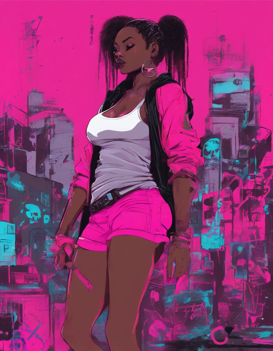 (best quality), big head, face happiness, short bob hair, (short girl with huge breasts:1.2) dark skinned girl in a punk outfit, in a graffiti street, from back, slightly chubby, two toned hair(black:1.3, neon pink:1.3), beanie with a skull logo, wide hips, big butt, thick thighs, crop top hoodie, fuchsia-colored shorts and torn leggings