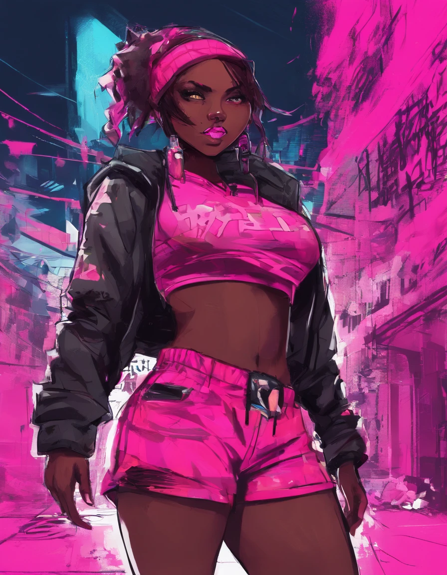(best quality), big head, face happiness, dark skinned girl with huge breasts in a punk outfit, in a graffiti street, from back, slightly chubby, two toned hair(black:1.3, neon pink:1.3), beanie with a skull logo, wide hips, big butt, thick thighs, crop top hoodie, fuchsia-colored shorts and torn leggings