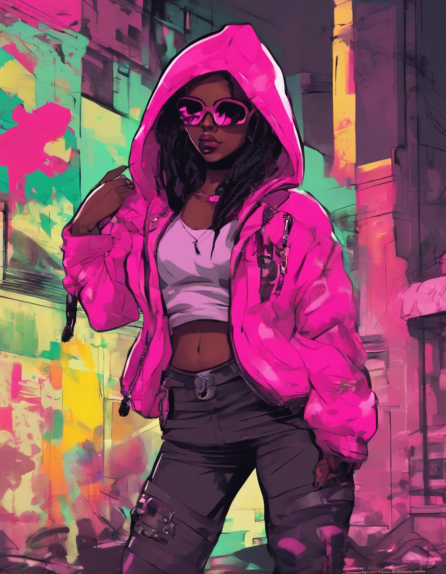 (best quality), big head, face happiness, dark skinned girl with huge breasts in a punk outfit, in a graffiti street, from back, slightly chubby, two toned hair(black:1.3, neon pink:1.3), beanie with a skull logo, wide hips, big butt, thick thighs, crop top hoodie, fuchsia-colored shorts and torn leggings