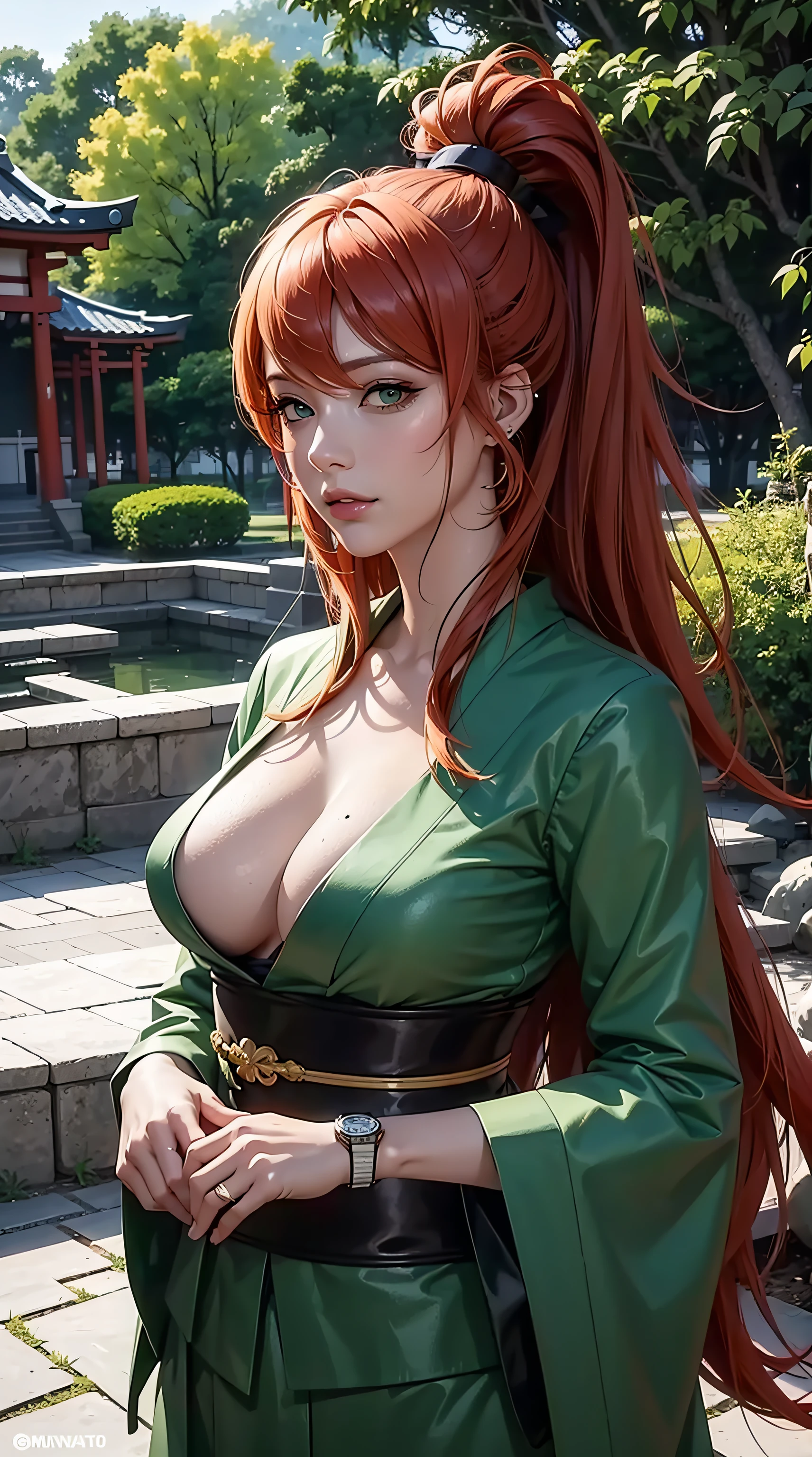 nar_terumi_mei, green eyes, hair over one eye, long hair, large breasts, cleavage, orange hiar, hair in a bun, beautiful, beautiful woman, perfect body, perfect breasts, wearing a kimono, wearing earrings, wearing a watch, in the park, trees sakura, traditional japanese house, looking at the viewer, slight smile, realism, masterpiece, textured leather, super detail, high detail, high quality, best quality, 1080p, 16k