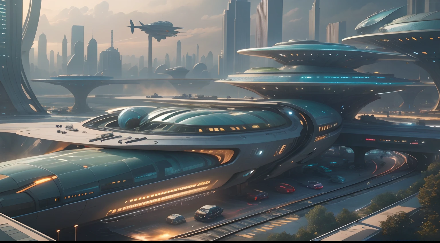 tmasterpiece,16k,UHD resolution,Detailed depiction,photorealestic,realisticlying,Very realistic,Foto realism, The ultra-detailliert, future-tech,Cidade futuristica,((Future girl by the window)),clean energy,Green environmental protection,Small flying machines sail around the city,Futuristic city with futuristic train and futuristic architecture at night, future concept art, Other future cities, in fantasy sci - fi city, Beautiful futuristic city, Utopian cities of the future, Conceptual image 16K resolution, concept art 8k resolution, The future city, futuristic space port, Conceptual diagram 16K, sci-fi hollywood concept art