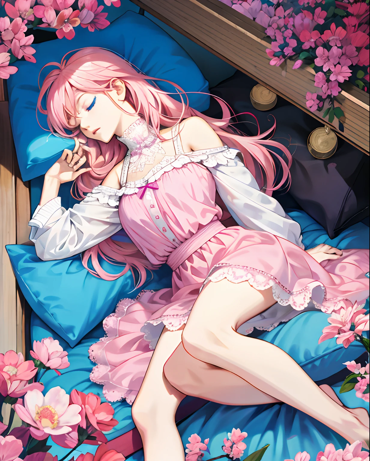 Beth,quadratic element,a beauty girl,high quarity,Pink hair,Blue eyes,bare-legged,Sleeping face,Bigchest,falda corta