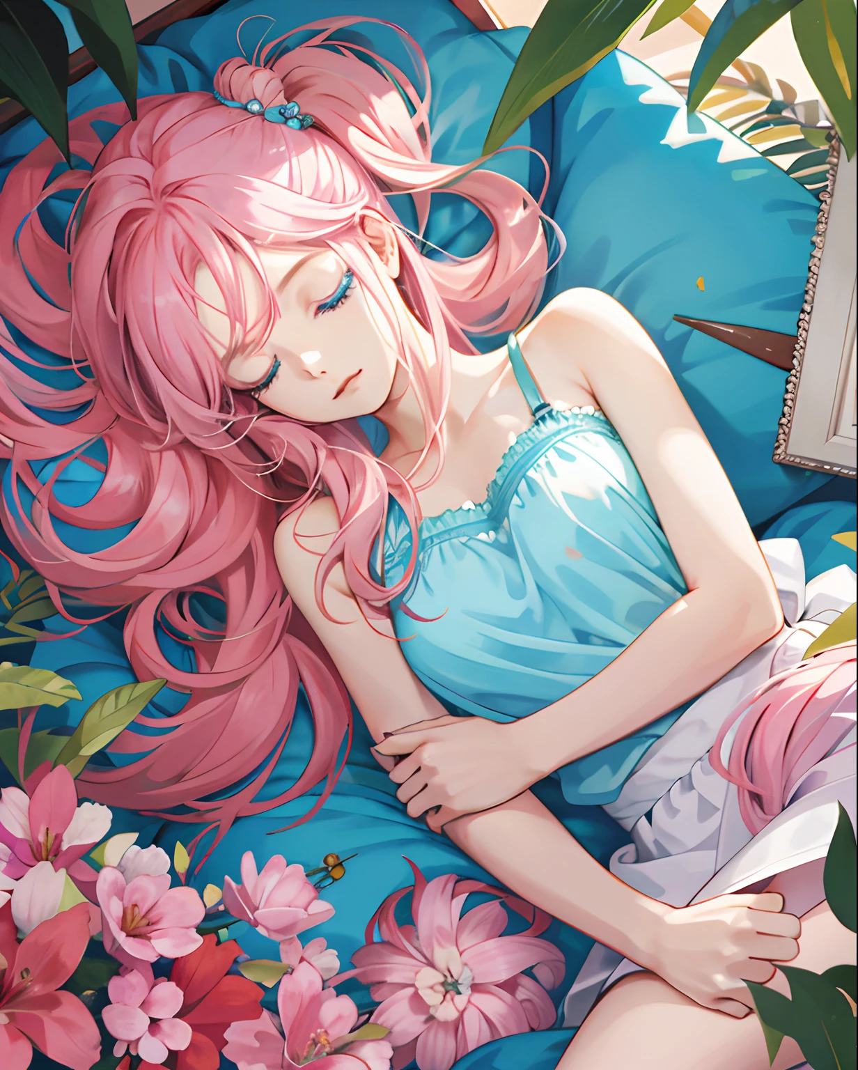Beth,quadratic element,a beauty girl,high quarity,Pink hair,Blue eyes,bare-legged,Sleeping face,Bigchest,falda corta