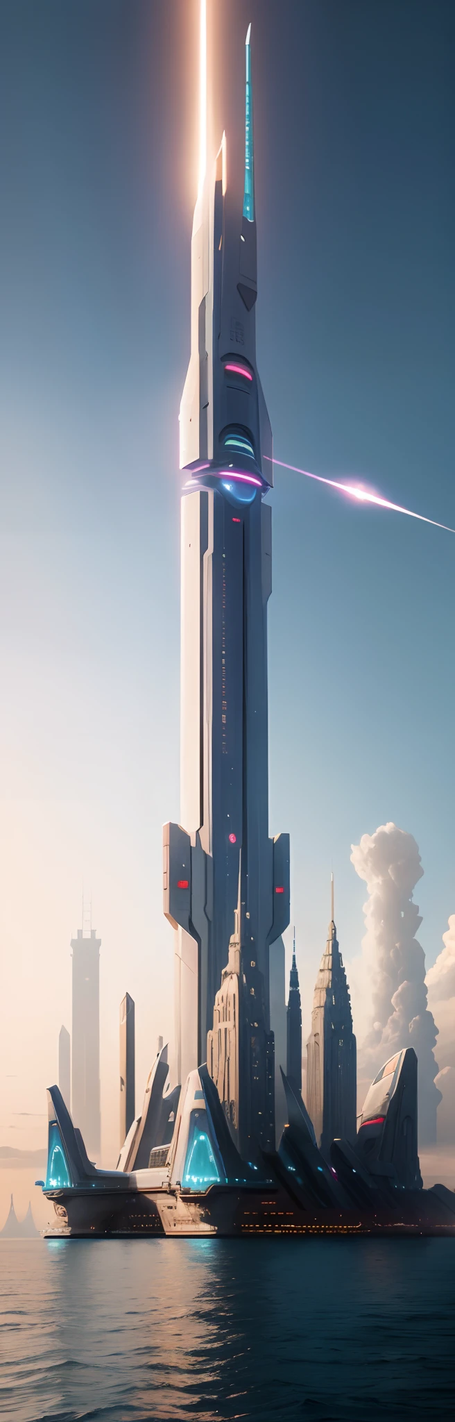 The future city，Greater Bay Area，HD real，Very detailed background by the sea，The only huge sword-shaped skyscraper，Like a rocket，Curved roof，（From a distance, It looks like 1 ancient sword stuck in the sea）High-rise complex，ultra - detailed，Very high definition，Heavy traffic，Prosperity remains，sci fi city，Cidade futuristica， fanciful， 24th century ，futuristic cyberpunk city, cyberpunk dreamscape, sci fi city，GlowingRunesAIV2_Light blue megacities，（非常详细的 CG 统一 8k 壁纸），The most beautiful photos of outer space artworks，scifi spacescape，planetes，A complete picture，