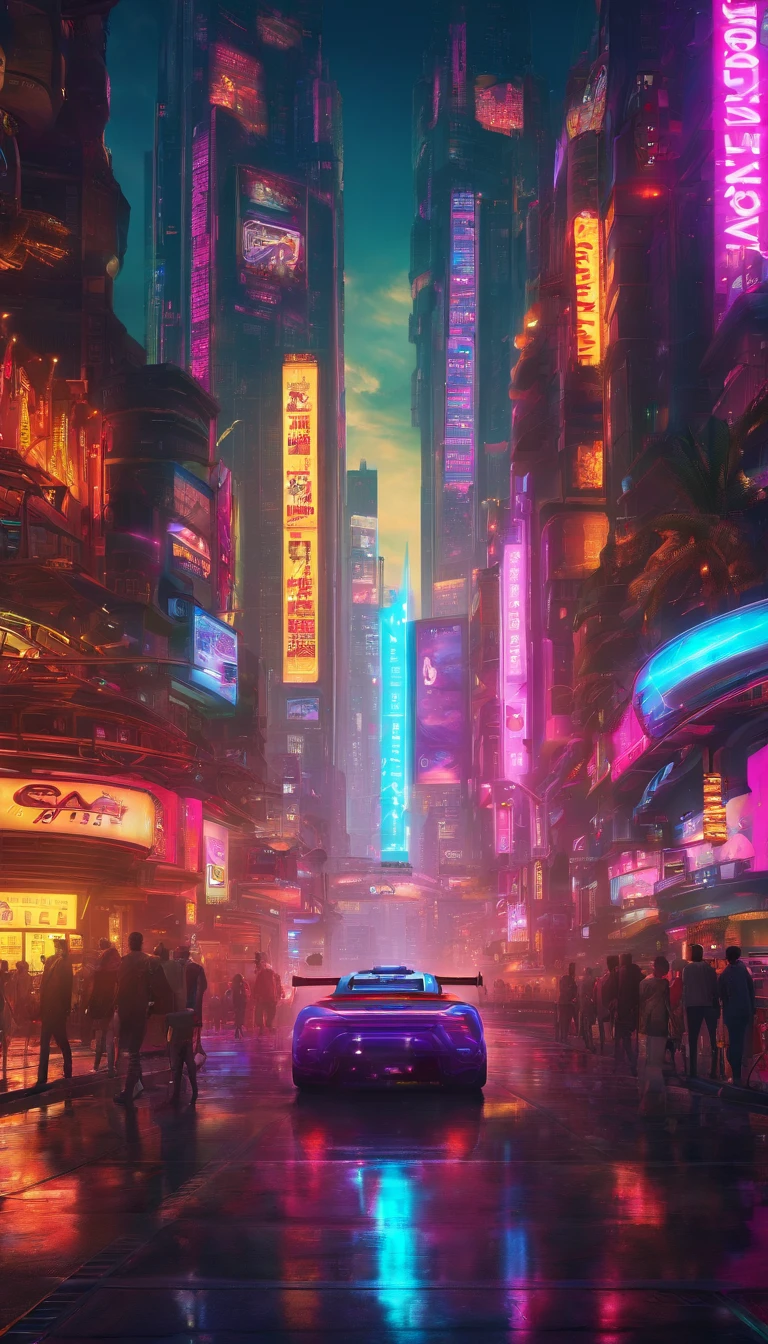 cyber punk perssonage　Cidade futuristica　A space station　utopian　A beautiful futuristic city，Skyscrapers　planet earth　Dream　Anti-gravity world　ＳＦThe huge structure of the city　high-definition image，megacity, Giant City, People walking in the city, Bus, stores, allure, neon lights sign, LCD billboard, flying cars, Cyberpunk 2077, Network waves, synthetic wave, Lens flare, Masterpiece, photograph realistic, Cinematic, intricately details
